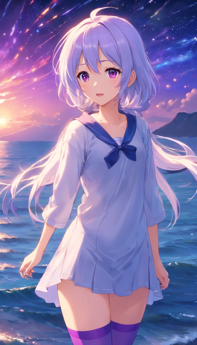 best qualtiy， tmasterpiece， 超高分辨率， realisticlying， 1 girl， long  white hair，Heterochromic pupils，see-through shirts，（slightly drunken expression），（Stick out your tongue），（winking）（M-legs）Bottoms purple stockings，Fantastic starry sky by the sea，wide angles