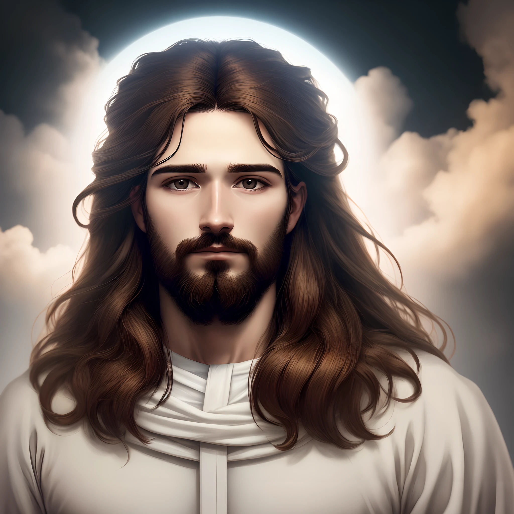 Crie uma imagem de Jesus  Cristo com rosto senerono , barba, roupas claras com fundo branco , olhar celestial,