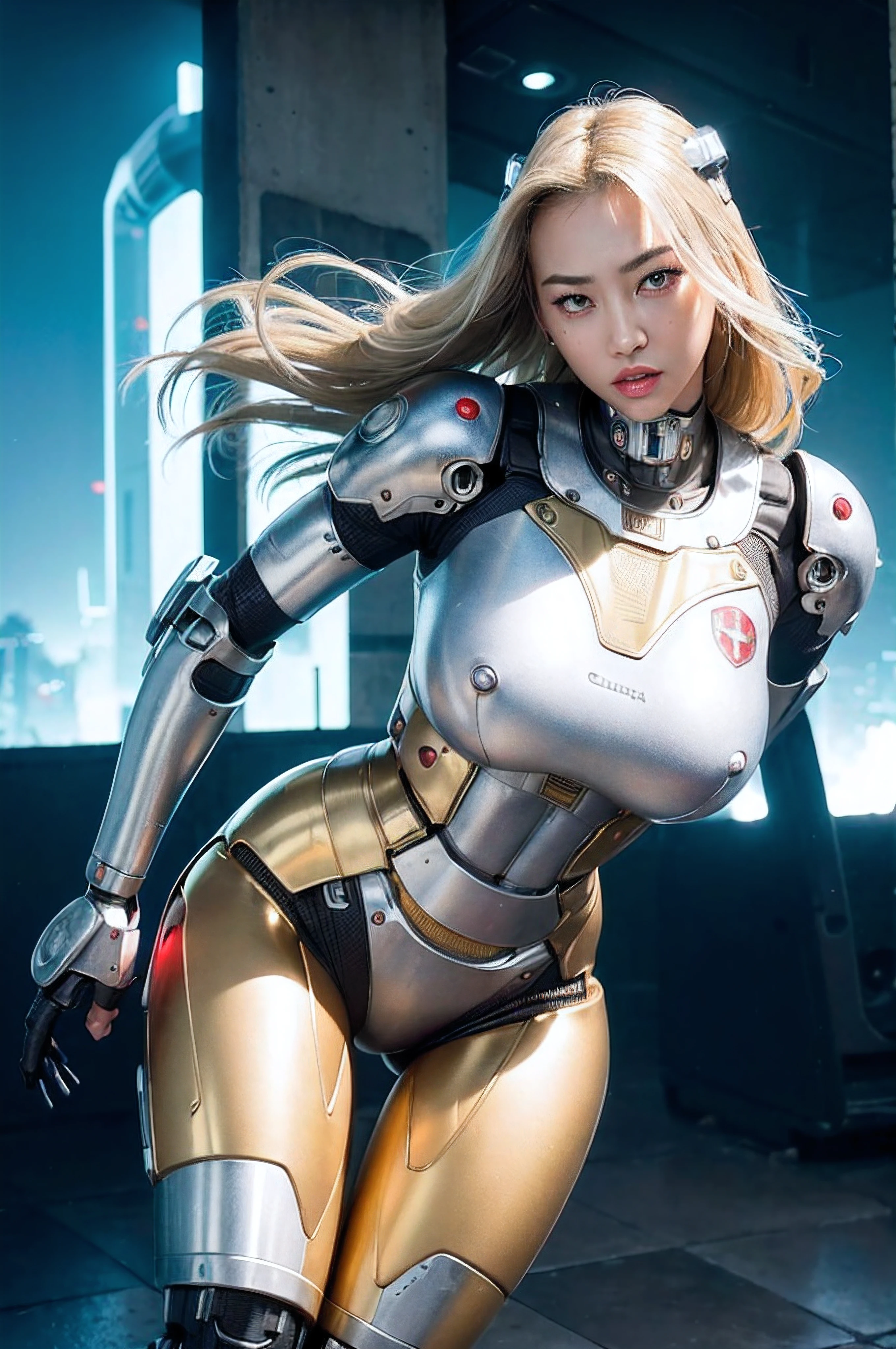 1girl, solo, Japanese girl, (((cyborg:1.4))), cyborg girl, cyborg armor, cyborg clothing, beautiful detailed eyes, finely detail, bright pupils, turquoise eyes, full body, large breasts:0.8, (((floating hair))), looking at viewer, pov, female focus, puffy eyes, long hair, gorgeous hair, air bangs, dynamic pose, dynamic angle, close-up, thighs open, showing panties, boobs exposed, fighting stance, fighting pose, run forward, running,(((golden metallic color | red metallic color | blue metallic color))),(((Metallic luster, metal reflective, mechanical details, extremely mechanical details, complex mechanical structure))), (((Mirrored Power Armor, fallout 4, fallout))),
defeated, corpse, bleed, battlefield, mechanized background, giant robot in the background, outdoors, cinematic lighting, Cyberpunk world. Cyberpunk metropolis, neon, Sci-fi style, sfw:1.98,