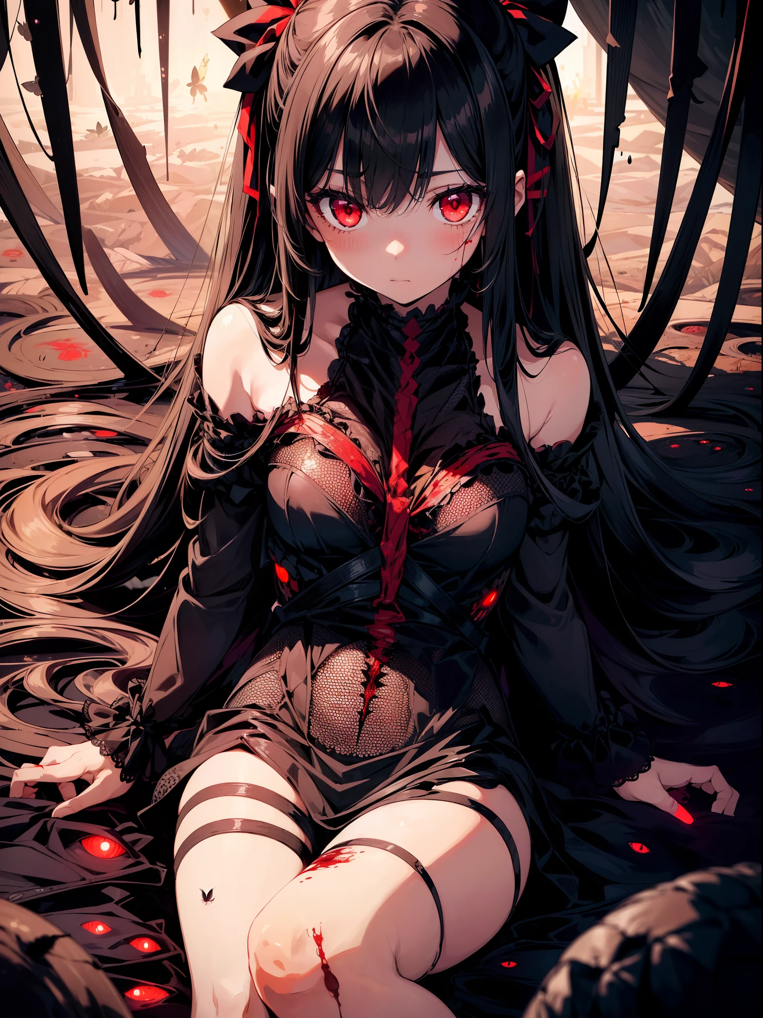 1 loli girl , (lying surrounded by many bugs), (Faintly emerge from the darkness) ,upper body, (bloody body) , ((rape face)) , black long straight hair, hair ribbon , red eyes, glowing eyes, ((horror)) ,((masterpiece)), ((best quality)), ((ultra-detailed)), (illustration), ((an extremely delicate and beautiful))