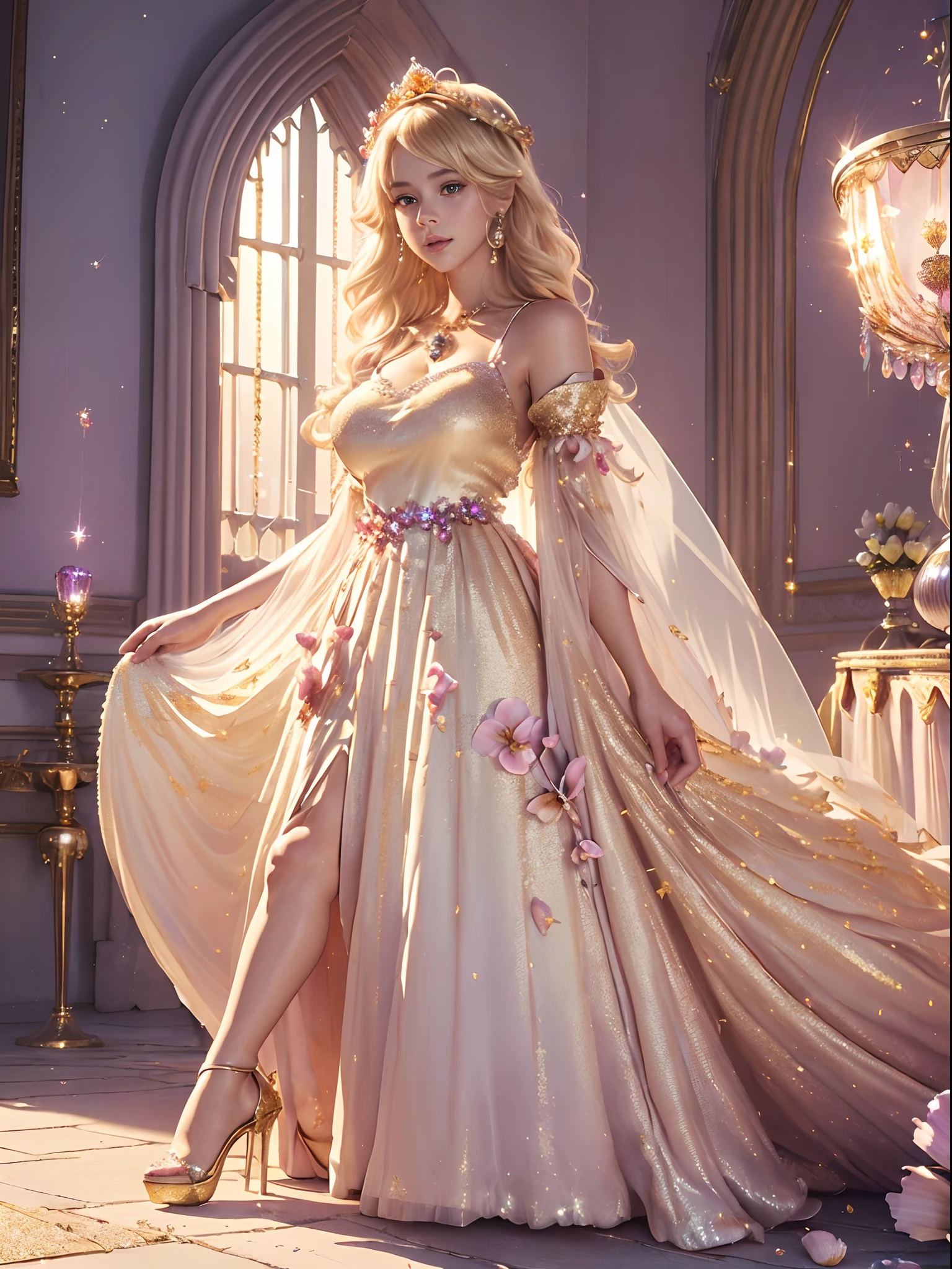 masterpiece, (((best quality))), ((highly detail eyes)), ((perfect eyes)), ((((beautiful eyes)))), both eyes are the same, smooth, (((((perfect face))))), extremely detailed 8K, high resolution, ultra quality, glare, Iridescent, Global illumination, real hair movement, realistic light, realistic shadow, perfect quality, detailed shadow and light, pixar, ((FANTASY)), ((MAGIC)), (((cinematic light))), colorful, hyperdetail, dramatic light, intricate details, best quality, (extremely detailed CG unit 8k wallpaper, masterpiece, best quality, ultradetailed, best shadow), (detailed background: 1.4), (beautiful and detailed face, beautiful detailed eyes), High contrast, (better lighting, extremely delicate and beautiful) beautiful and detailed brightness, 3D, HIPER quality, 2K, 3K, 5K, 6K, 7K, 8K, ((((cute and delicate girl)))),((( Anne Hathaway:Selena Gomez:0.7))) ((((blonde hair))))),((medium hair)), ((((kawaii)))), ((cute eyes))) , ((((kawaii eyes))))((big breasts 1.8)), (( exposed breasts 1.7)) (( Cliveage ) ((((Princess)))), ((((Princess flower crown)))) (((((LONG FLOWER BIG dress detailed glitter pastel RED crystal princess dress))))), shiny crystal shoes, ((gold accessories, gold earrings, flower accessories, pearl accessories)),((happy expression)), (((((blue crystals))))) ((((INTERIOR OF THE CASTLE, CASTLE ROOM WITH FLOWERS, CASTLE ROOM WITH SUNSHINE, COZY CASTLE, BRIGHT CASTLE, CASTLE ROOM WITH LAMPS, PILLOWS, ))), ((WATER FOUNTAIN WITH ROSE FLOWERS)))), (SHELL ACCESSORY), ((((((LAKE, SHELLS, FLOWERS,WATER SOURCE))))))), (((((FIREPLACE))))) (((SHINES, SPARKLES)), GOLD, (((sparkles))), ((shiny butterflies flying)), ((( high heels footwear))) ((( Full body Portait)))