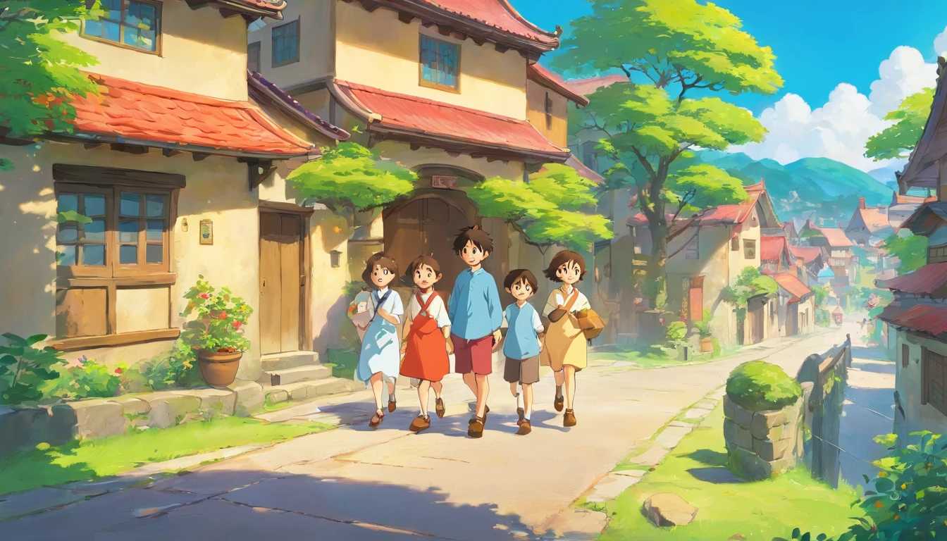 Peaceful village,The houses are scattered,Paths crisscross the road, Libido boy,ethnic dress,Plaza,A group of ,play。