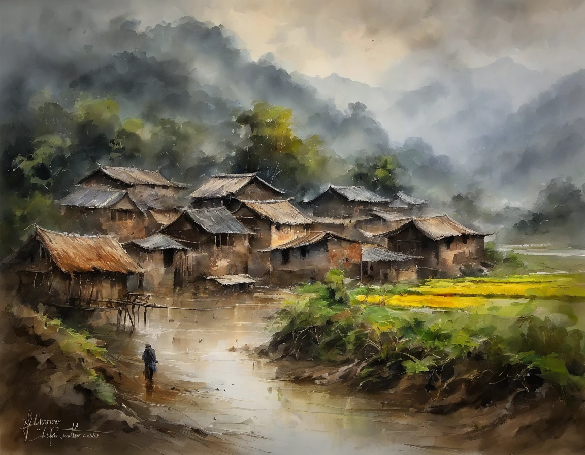 A small village of the Zhuang people in Guangxi， dark stormy clouds, Thunder and lightning, hard rain pouring straight down. Floodwaters flooded the village, Hybrid crops, Homeless, They stood in the rain, Hope for rescue. Their faces were filled with sadness, Their hearts were filled with helplessness and despair