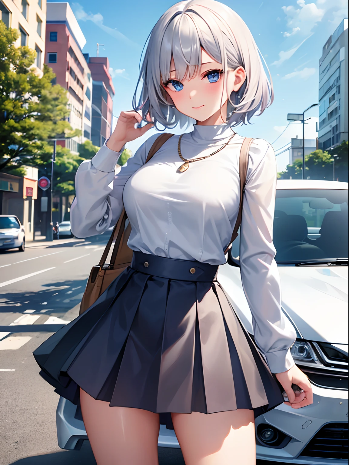 High quality, cool beauty, beauty, adult atmosphere, beautiful silver hair, short hair, bangs, Russian-style beauty, beautiful legs, tight beautiful chest, skirt and sweater, chest, outdoor, lattice skirt, skirt, cleavage, jewelry, lattice, hair ornaments, shirt, necklace, see viewers, road, ground vehicle, smile, solo, white shirt, light blue eyes, back arms, blush, bangs, cowboy shot, open clothes, collared shirt, car, hair ornament, car, pleated skirt, middle chest, street, collarbone