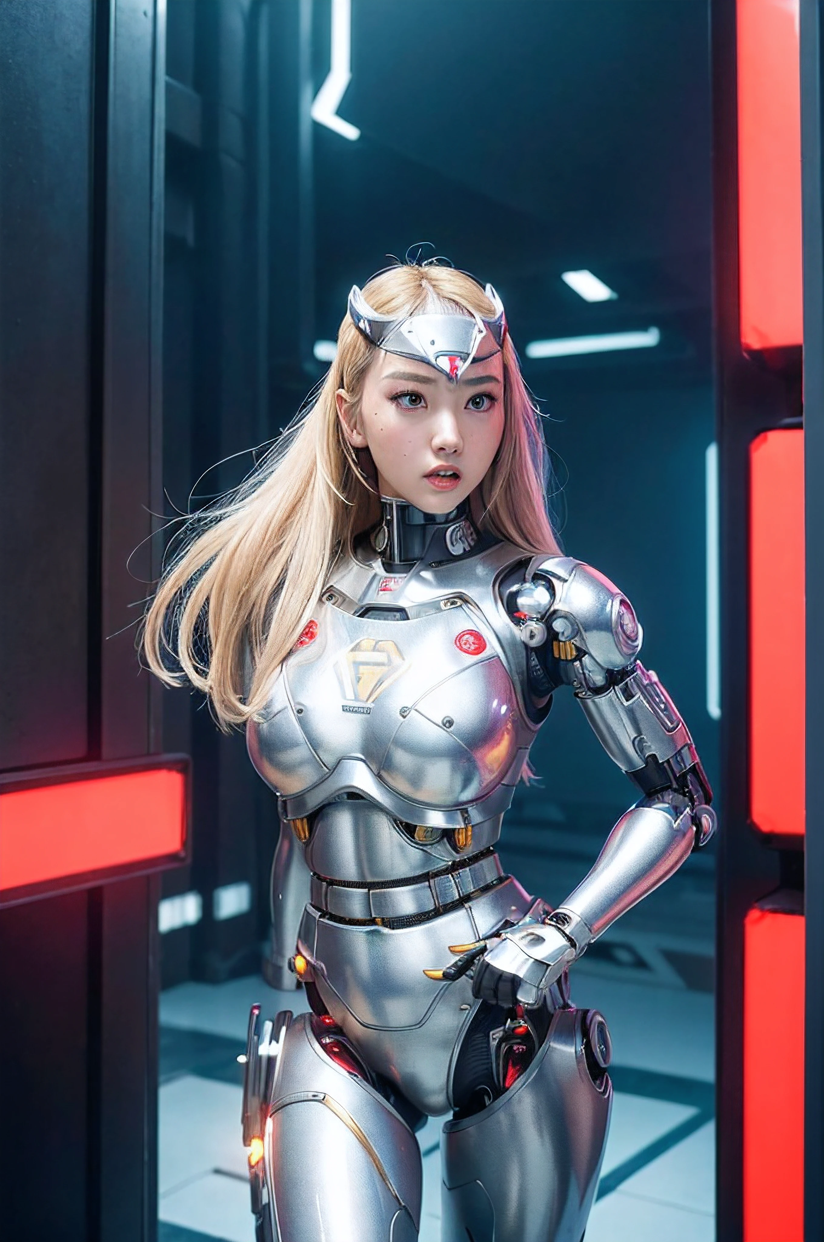 1girl, solo, Japanese girl, (((cyborg:1.4))), cyborg girl, cyborg armor, cyborg clothing, beautiful detailed eyes, finely detail, bright pupils, turquoise eyes, full body, large breasts:0.8, (((floating hair))), looking at viewer, pov, female focus, puffy eyes, long hair, gorgeous hair, air bangs, dynamic pose, dynamic angle, close-up, thighs open, showing panties, boobs exposed, fighting stance, fighting pose, run forward, running,(((golden metallic color | red metallic color | blue metallic color))),(((Metallic luster, metal reflective, mechanical details, extremely mechanical details, complex mechanical structure))), (((Mirrored Power Armor, fallout 4, fallout))), 

defeated, corpse, bleed, battlefield, mechanized background, giant robot in the background, outdoors, cinematic lighting, Cyberpunk world. Cyberpunk metropolis, neon, Sci-fi style, sfw:1.98,