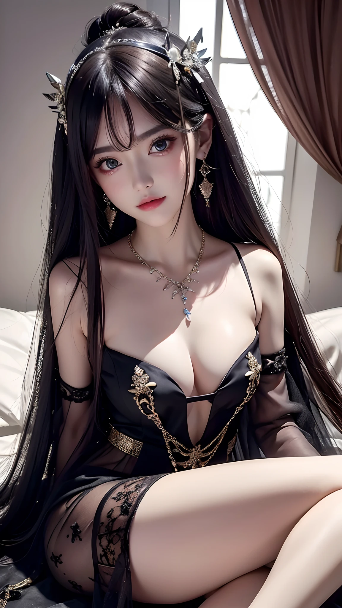 4k ultra HD, masterpiece, broken portrait effect, 1 girl, good face, very long hair, spreading hair, hair ornament, realistic eyes, detailed eyes, medium breasts, transparent fairy dress, black dress, lace, wearing lot of jewellery, necklace, earrings, galexy background, futuristic, 3d image, sitting poses,