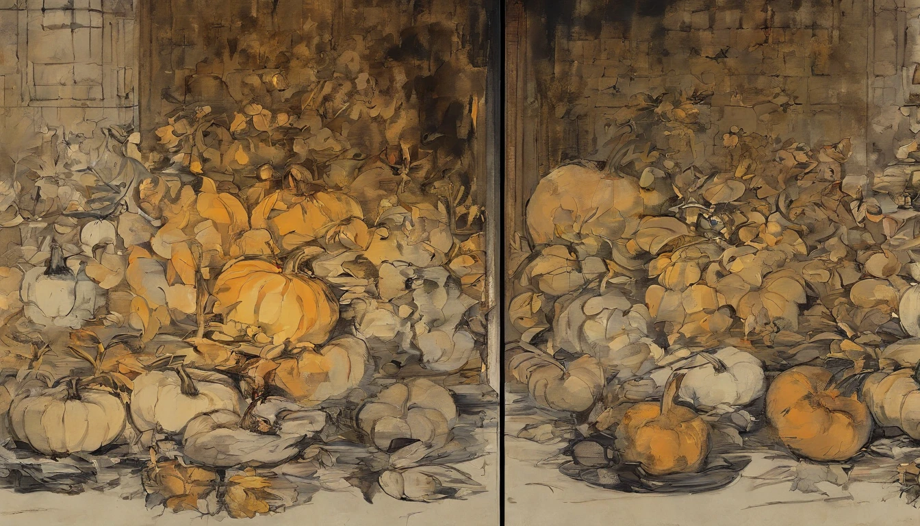 オイル, pinceladas pesadas, Goteos de pintura, Una escena hecha de calabazas, Sentado en una cocina vintage, Barroco, Dramatic contrasts between light and dark, Intensidad emocional, Tenebrismo, Bordes suaves, oil on canvas, Romanticismo, Barroco, Realismo, claroscuro, Edad de Oro holandesa, Masa, por Rembrandt van Rijn, por Rembrandt, rico, Colores profundos, Ebenenbild, which is shaded by cells, golden section, Premios ganadores, Profesional, Altamente detallado, complicado, volumetric illumination, splendid, Obra maestra, foco nítido, Profundidad de campo, Perfectcomposition, Laureado, Artstation, Acrylic, Tendencias Pixiv Fanbox, palette knife and brush strokes, 16K High Resolution, UHD
