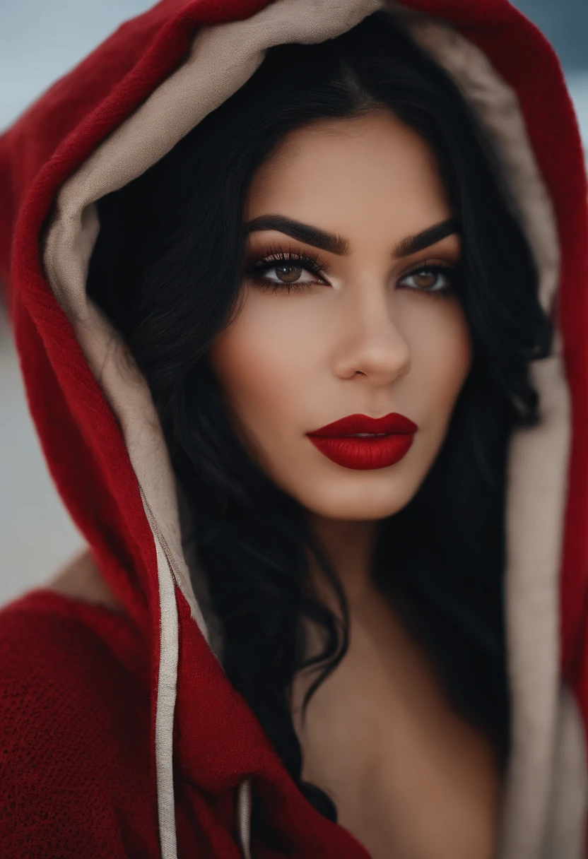 Black wavy hair, oval face, beige skin, downturned hooded eyes, red lips, thin upper lip, slim athletic, nose stud piercing