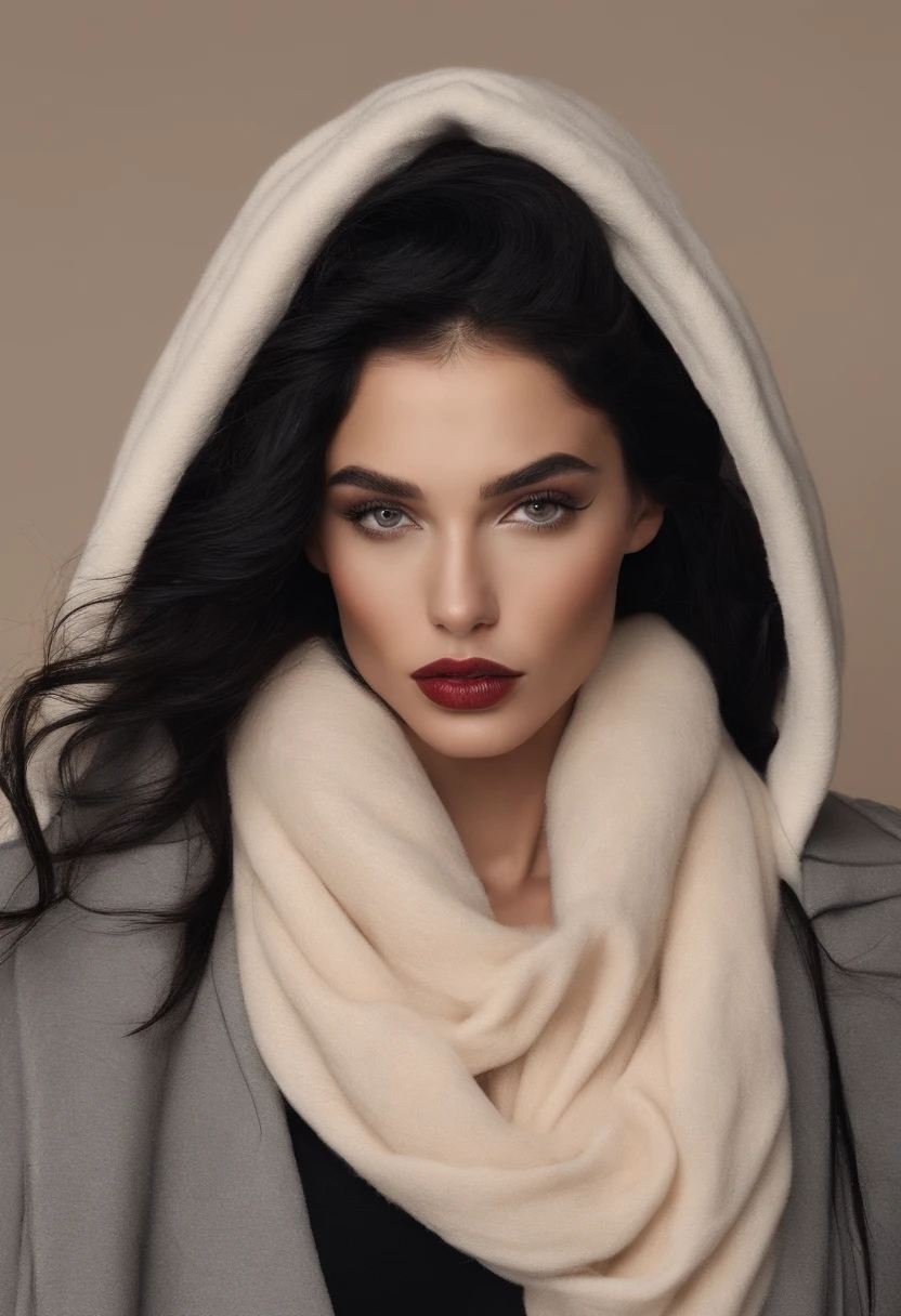 Black wavy hair, oval face, beige skin, downturned hooded eyes, red lips, thin upper lip, slim athletic, nose stud piercing