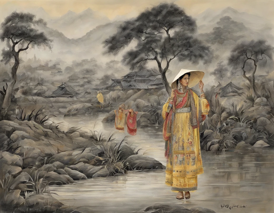 In the dark clouds,Heavy rain,In the middle of a gray sky flashing with lightning,There is a goddess with a beautiful face,Marfil skin,Has beautiful black gem-like eyes,Long hair splashed with ink,He wears gorgeous Zhuang costumes with beautiful Zhuang patterns embroidered on them,She wears a long embroidered dress with black as the background,She frowned slightly and looked down at the village engulfed by the flood,The village was soaked in floodwater,Two or three villagers struggled in the torrential rains in the deep yellow floodwaters,At the very front of the picture is a submerged rice field