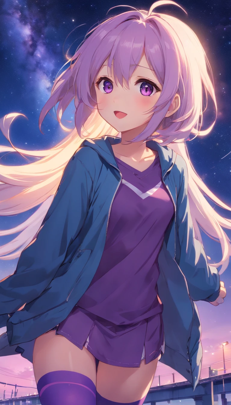 best qualtiy， tmasterpiece， 超高分辨率， realisticlying， 1 girl， long  white hair，Heterochromic pupils，The shirt，（slightly drunken expression），（Stick out your tongue），（winking）（M-legs）Bottoms purple stockings，Straight highway fantastic starry sky，wide angles