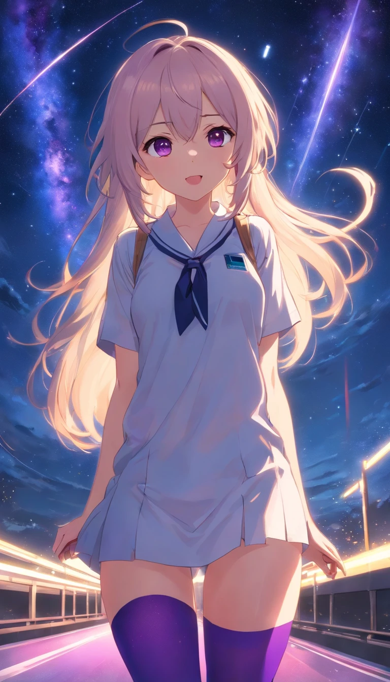 best qualtiy， tmasterpiece， 超高分辨率， realisticlying， 1 girl， long  white hair，Heterochromic pupils，The shirt，（slightly drunken expression），（Stick out your tongue），（winking）（M-legs）Bottoms purple stockings，Straight highway fantastic starry sky，wide angles