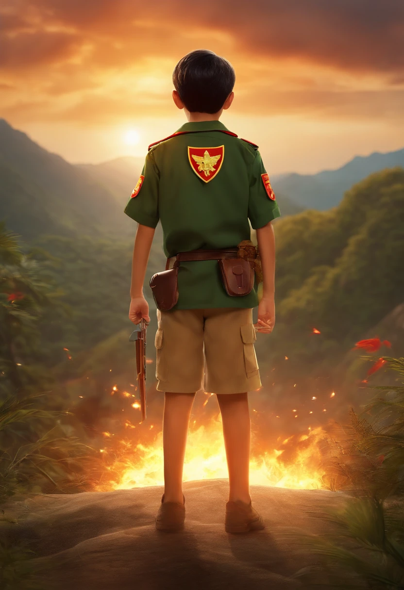 this is the animation picture like anime,the boy wear scout costume that has small vietnam flag on the right shoulder him .the back ground is big explosion