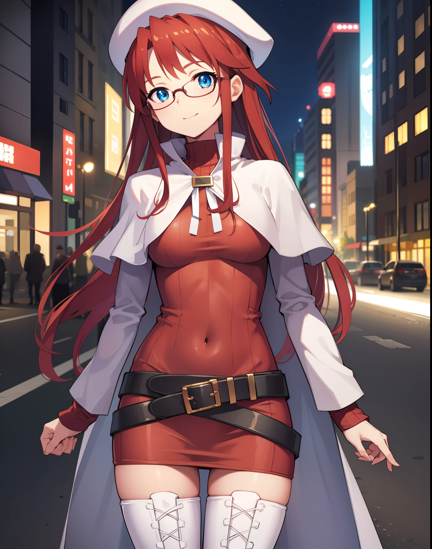 summonnightaty, aty, long hair, blue eyes, red hair, beret, hat, glasses,
BREAK long hair, thighhighs, hat, dress, boots, glasses, belt, cape, sweater, zettai ryouiki, beret, thigh boots, white footwear, ribbed sweater, loose belt,,
BREAK looking at viewer,
BREAK outdoors, city,
BREAK (masterpiece:1.2), best quality, high resolution, unity 8k wallpaper, (illustration:0.8), (beautiful detailed eyes:1.6), extremely detailed face, perfect lighting, extremely detailed CG, (perfect hands, perfect anatomy),covered_nipples,covered_navel,light_smile,