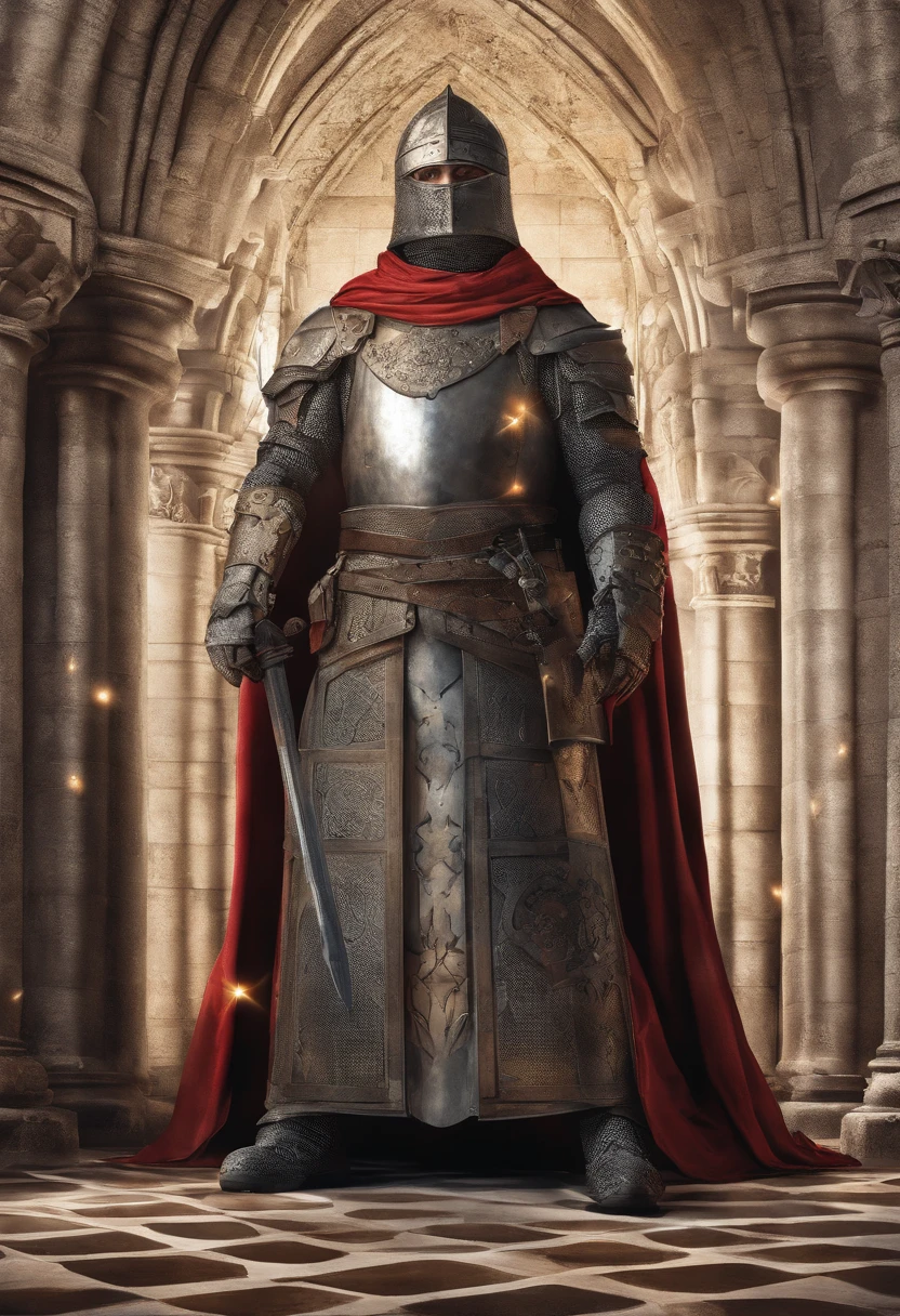 lente olho de peixe, Photo of the portrait of the medieval knight standing inside a Gothic church, pedra molhada, puddles, cofres infinitos, Sangue, dramatic light, discreto, luz de velas
