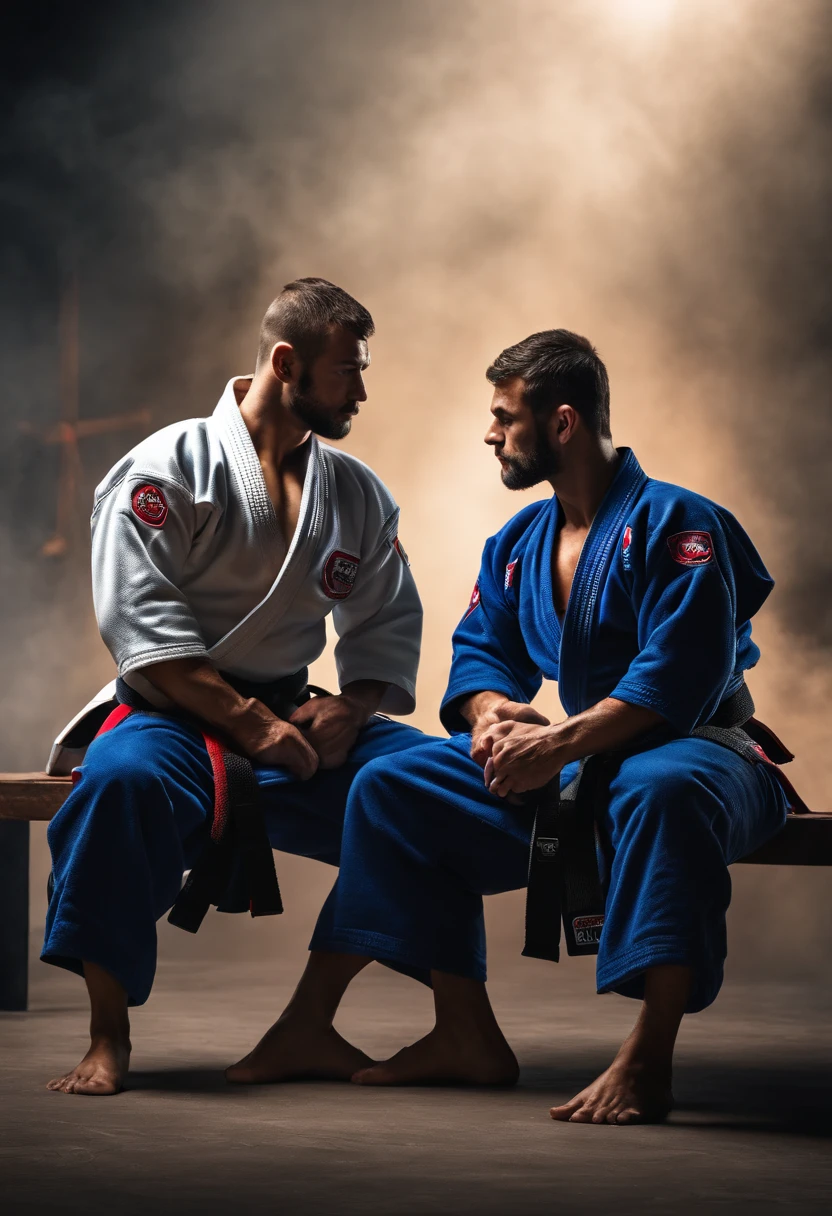 Jiujitsu athletes with crossed arms, Men in Combat Position, Quimono de jiu-jitsu, 8k, hyper realista, detalhado.
