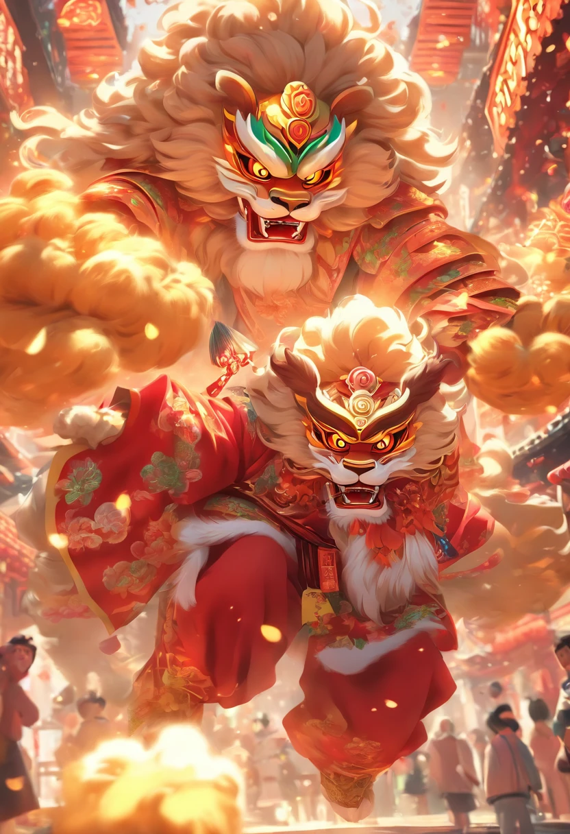 China-style，Guangzhou lion dance boys，highly detailed surreal vfx，The character's face is clear，largeeyes，adolable，Smudge，Faraway view，super-fine，ultra - detailed，high qulity，8K ，oc rendered，full body pov，Cartoon effect