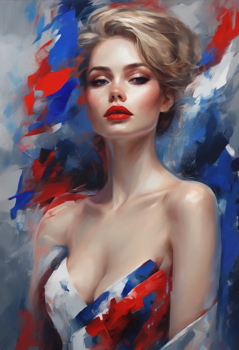 NSFW. (Best Quality,Realistic:1.37), Emotional girl drawing, Whimsical fantasy scenes covered in snow, Bright color of red, Crimson, and a royal blue mini dress, Abstract shapes and line brush strokes, Poster Art, Emotional atmosphere. Striking oil on canvas