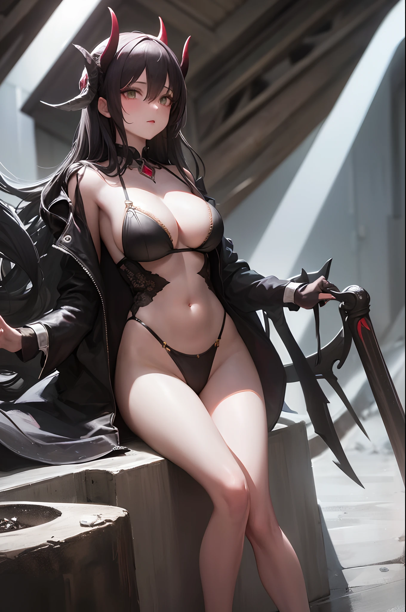 An eldritch demon queen with pale skin, a fit and skinny body, and gigantic boobs. She has an erection, dark curly and messy hair that flows down her back. Her face is long with a narrow jawline. Her skin is detailed and her face and eyes are extremely detailed with a 1.3 strength. She has striking yellow eyes that pierce through the darkness. The artwork is created in the medium of oil painting, showcasing high-quality and ultra-detailed techniques. The colors used are dark and mysterious, emphasizing the supernatural nature of the demon queen. The lighting is dim, with a spotlight illuminating her face and body, creating a haunting atmosphere.