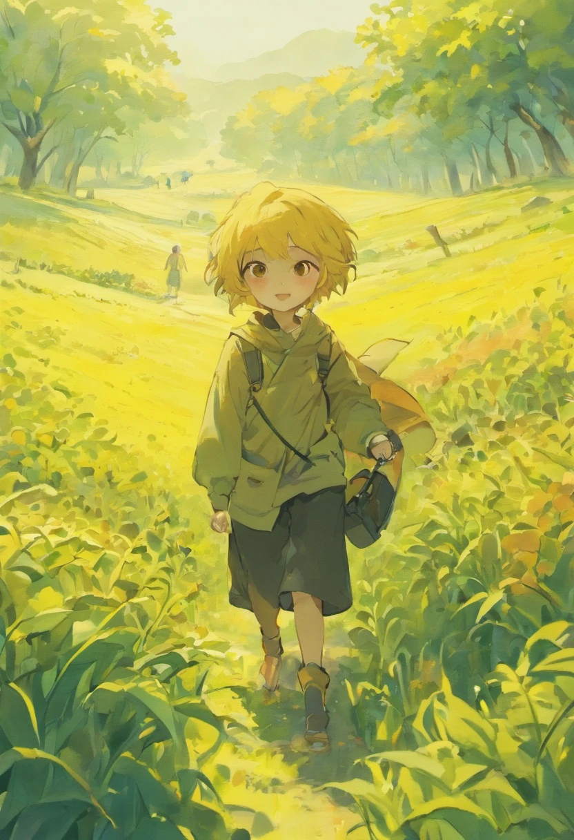 Ultra-detailed,Realistic,Children's picture book,stories,Children's stories,A young man,upright posture,Yellow skin,Black hair,Black eyebrows,largeeyes,Work in the fields with the villagers,illustration,aquarelle,Pastel colors,Warm lighting,Sunshine,Agricultural scenery,Nature,Peaceful atmosphere,joyful expressions,Rural communities,Traditional clothing,Traditional hats,Grow crops,harvest,Smiling faces,Happy children,Green landscape,Grazing animals,Happy and vibrant country life,Magical elements,A childlike imagination.