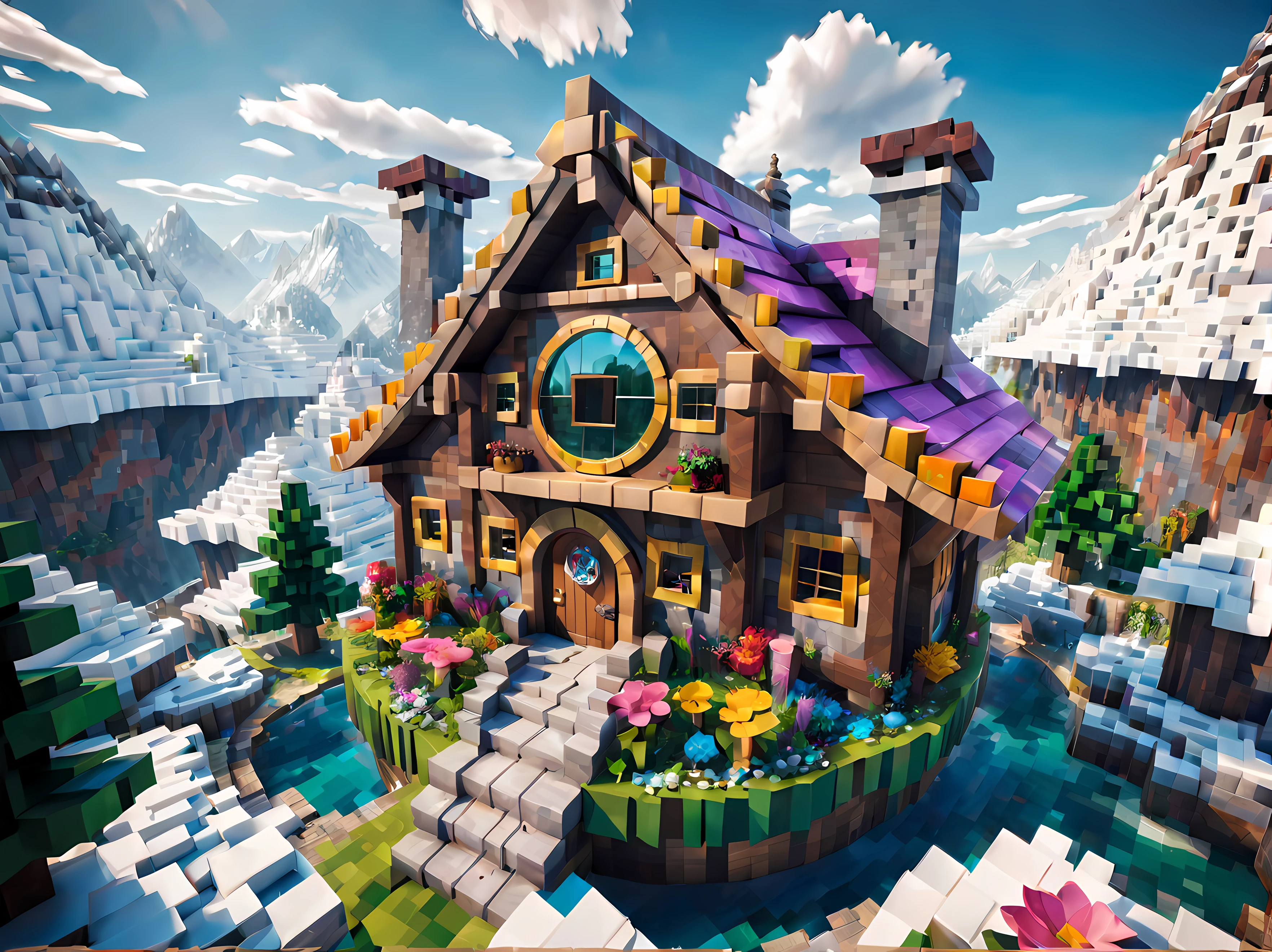 Minecraft style (Ultrarealistic:1.3), (high angle shot:1.5) of a (big fairy cabin) with round windows, environmental artwork, environmental art, (elegant decorations), (mystical pound), (beautiful:1.4), (attractive:1.3), epic snowy mountains, summer nature, blocky, pixelated, vibrant colors, (legendary angry dragon on its roof:1.2), flowers, romantic clouds