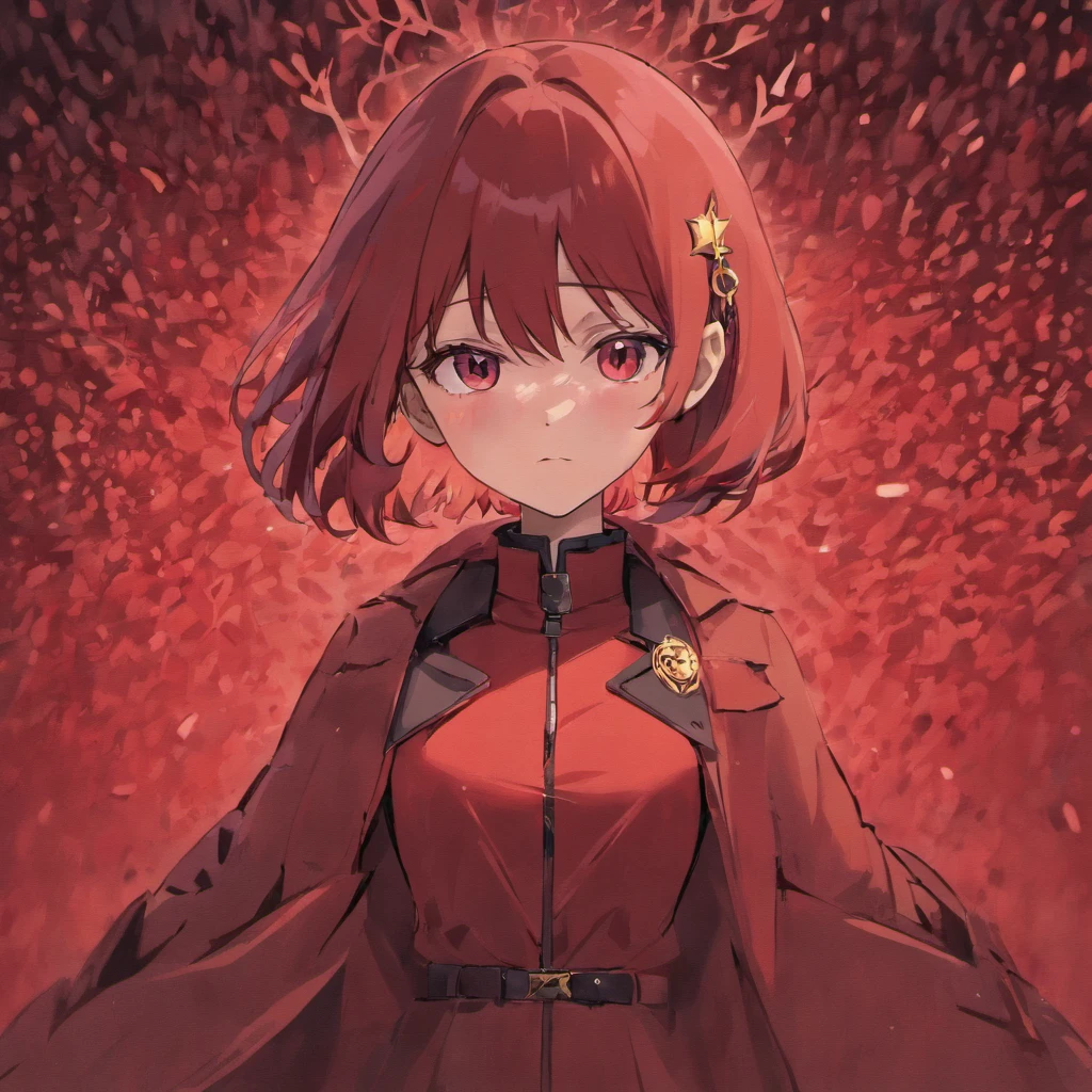 Anime girl in red dress with red hair and a black cape - SeaArt AI