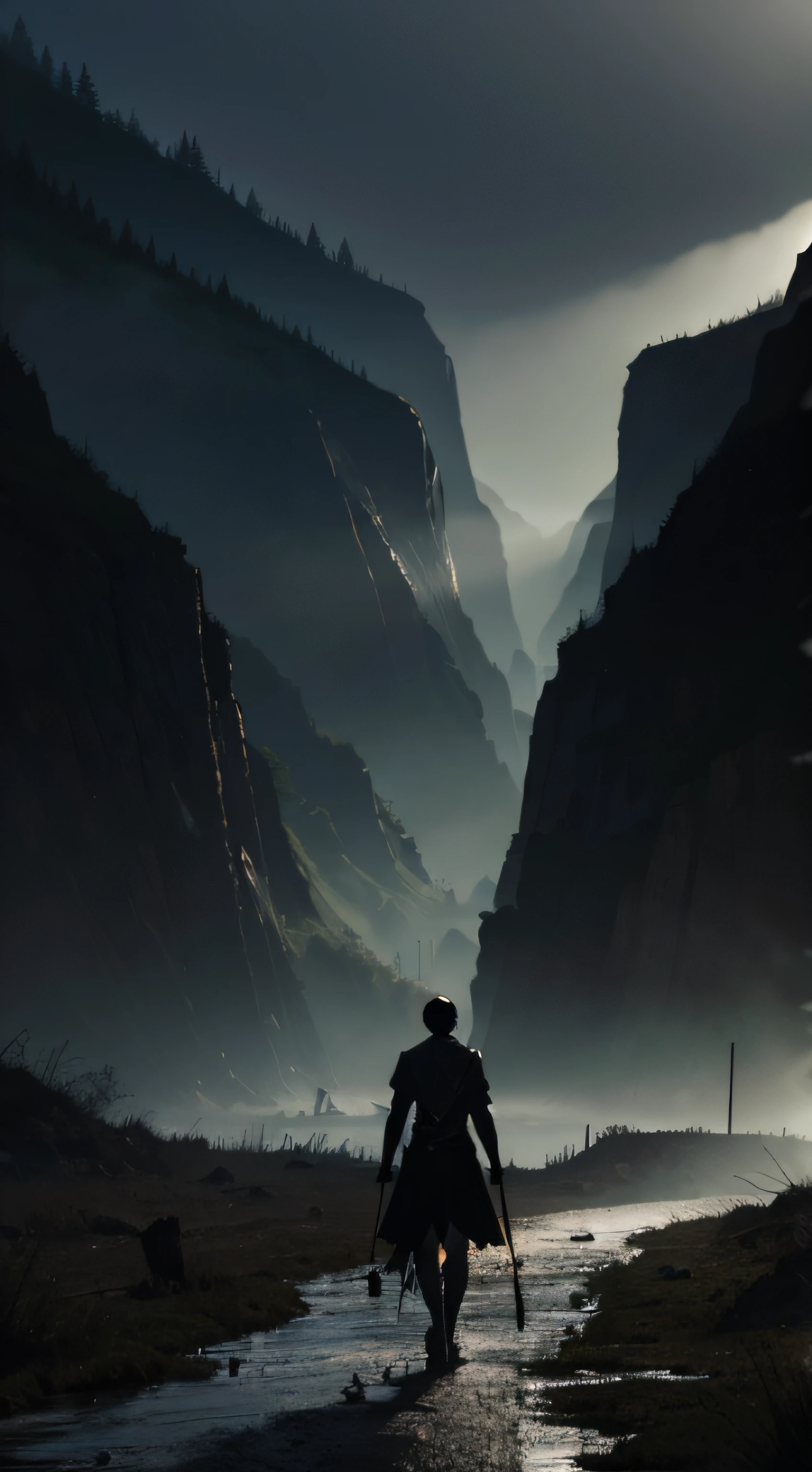 (best quality), (superior quality), (dark), despair, suicide, Death wandering in the valley of shadows.Raw,Award-winning,landscape