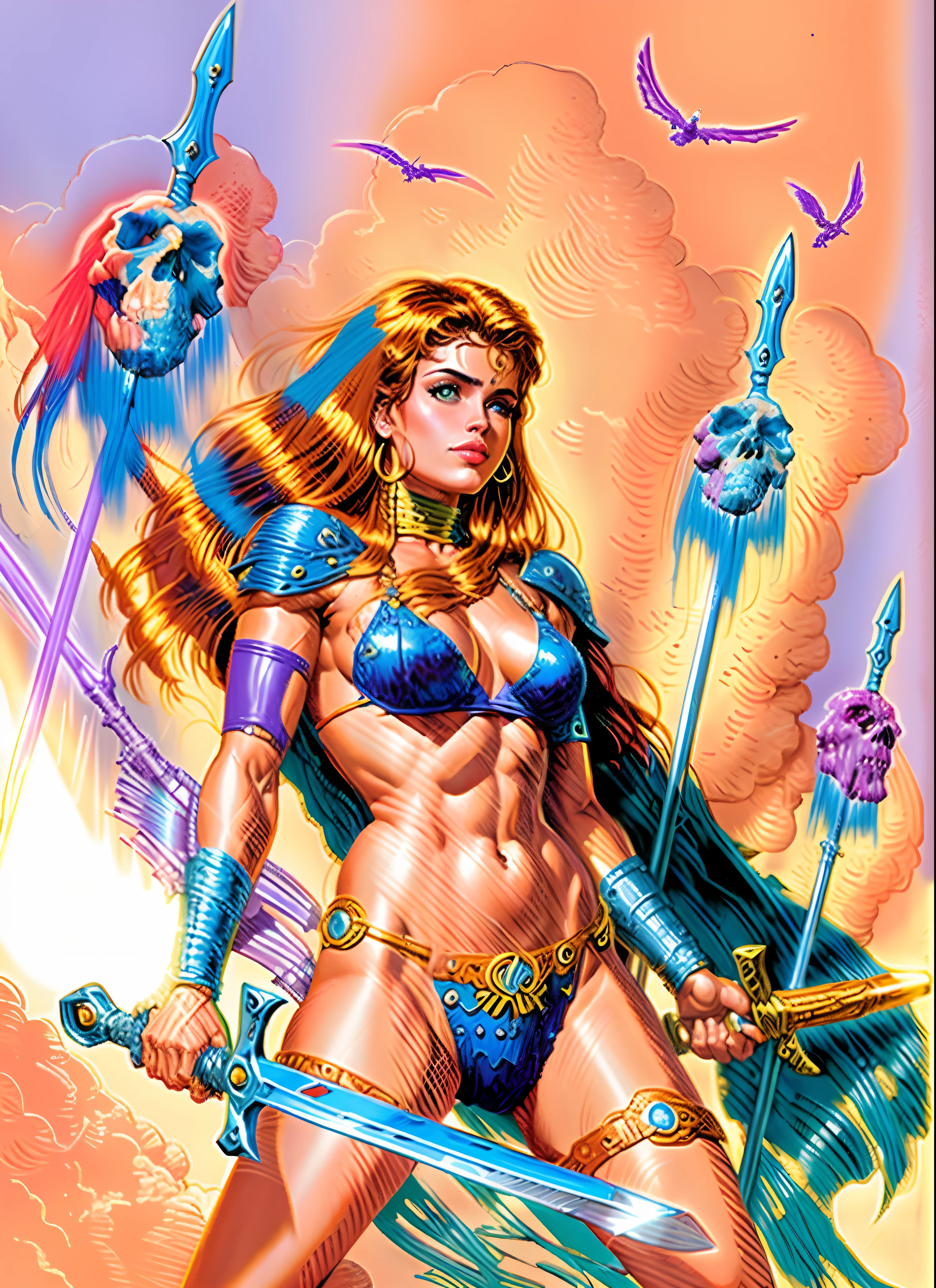 uma arte colorida de uma mulher bonita, guerreira, barbarella, WITH A SWORD AND THREE SKULLS IMPALED ON SPEARS, Frank Cho, inspirado em Clyde Caldwell, Marcos Schultz, inspirado por Earl Norem, Marcos Riddick, by Roberto Parada, Marcos Silvestri, Directed by: Marcos Ribeiro, Marcos Brooks Frank Frazetta, Directed by: Ignacio Zuloaga, inspirado em Alex Horley-Orlandelli, inspirado em Arthur Adams