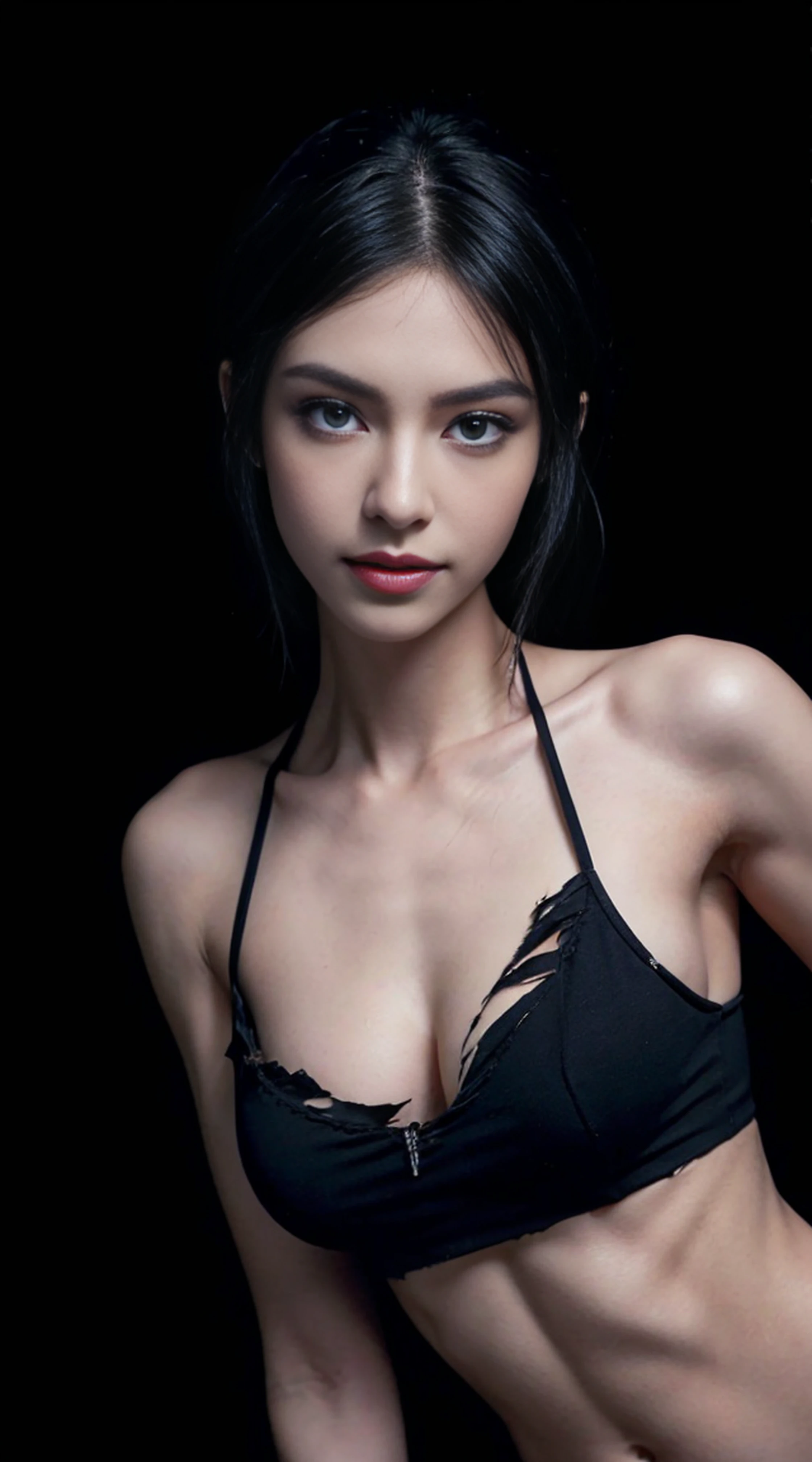 8K, Top Quality, Intricate Details, Ultra Detail, Ultra High Resolution, Masterpiece, random angle, Slender, Smile, (Makeup: 0.4), (Fluffy Blue Eyes: 1.21), blue Eyes, looking at viewer, ((full body)), 1girl, solo, 1 girl, (( full body)), close up shot, , ((tall)), (((fit body))), (((slim face))), sharp face, sharp eyes, (((black hair, )) , (detailed face), sharp face, small lips,
(( )), ((Ripped fitness wear, torn fitness short)), detailed face, detailed breast, , large breast, detail ass, , Beautiful girl with accentuated slender abs: 1.4, Six Pack Abs: 1.4, Bust Botox, Big, Perfect Body, detail leg, (( dark background)), black background,