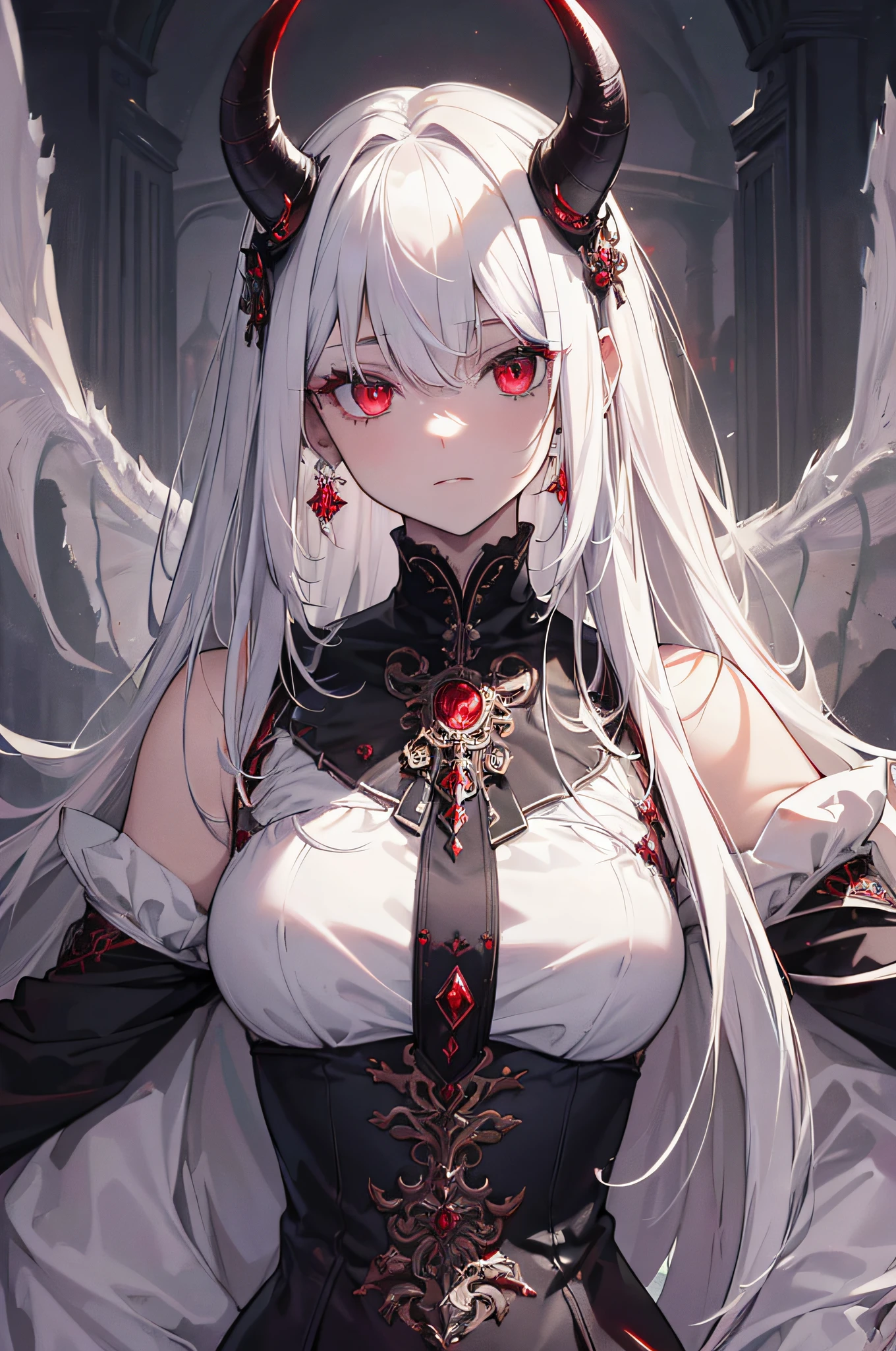 (best quality,ultra-detailed,highres:1.2),1 young girl,white hair,dark red eyes (darkred eyes:1.1),dark aura(aura:1.1),(mysterious,haunting:1.1) atmosphere,looks like a half demon,(demonic features,demon-like characteristics),(elaborate,ornate) earring,(dark,royal:1.1) crown, nsfw