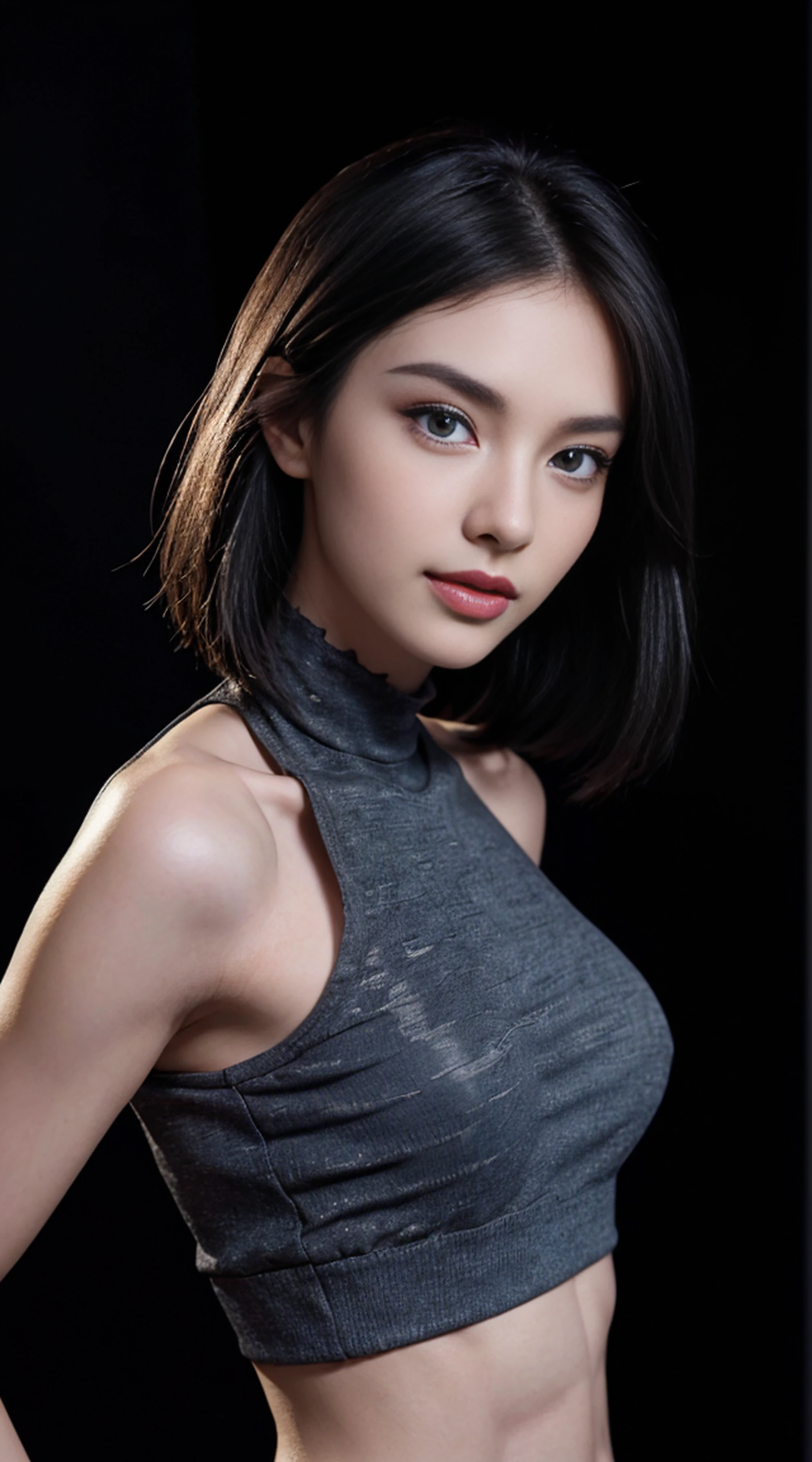 8K, Top Quality, Intricate Details, Ultra Detail, Ultra High Resolution, Masterpiece, full body, Slender, Smile, (Makeup: 0.4), (Fluffy Blue Eyes: 1.21), blue Eyes, looking at viewer, ((full body)), 1girl, solo, 1 girl, (( full body)), , , ((tall)), (((fit body))), (((slim face))), sharp face, sharp eyes, (((black hair, )) , (detailed face), sharp face, small lips,,
(( )), (( torn crop top)), detailed face, detailed breast, , large breast, detail ass, , Beautiful girl with accentuated slender abs: 1.4, Six Pack Abs: 1.4, Bust Botox, Big, Perfect Body, detail leg, (( dark background)), black background,