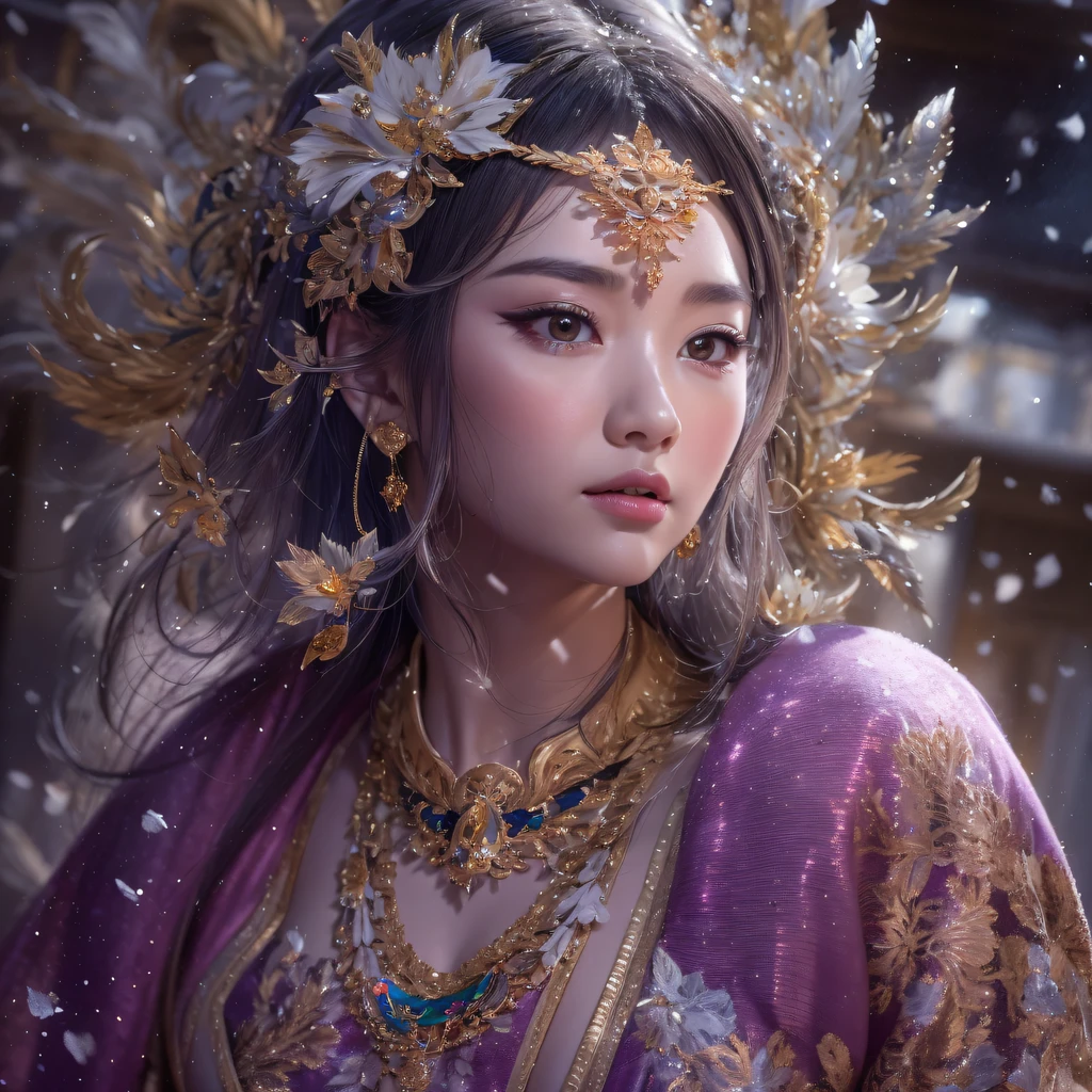 32K(tmasterpiece,k hd,hyper HD,32K)short detailed hair,Gold jewelry area in the back room,Flame Girl ,Yao Lang protector (realisticlying:1.4),Python pattern robe,Purple-pink tiara,Snowflakes fluttering,The background is pure,Hold your head high,Be proud,The nostrils look at people, A high resolution, the detail, RAW photogr, Sharp Re, Nikon D850 Film Stock Photo by Jefferies Lee 4 Kodak Portra 400 Camera F1.6 shots, Rich colors, ultra-realistic vivid textures, Dramatic lighting, Unreal Engine Art Station Trend, cinestir 800,Hold your head high,Be proud,The nostrils look at people