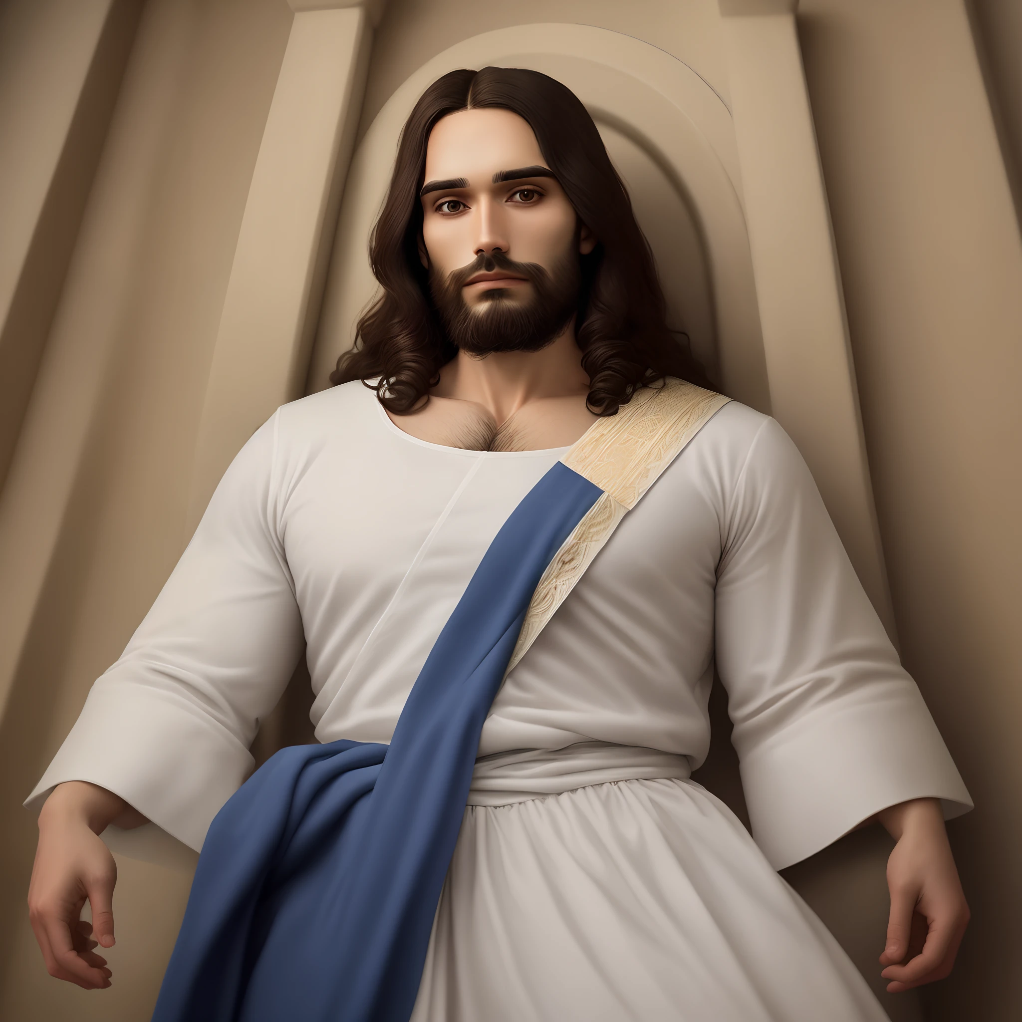 Crie um pompit de Jesus Cristo, realista com barba, roupas claras, olhar sereno , foto com qualidades boa,