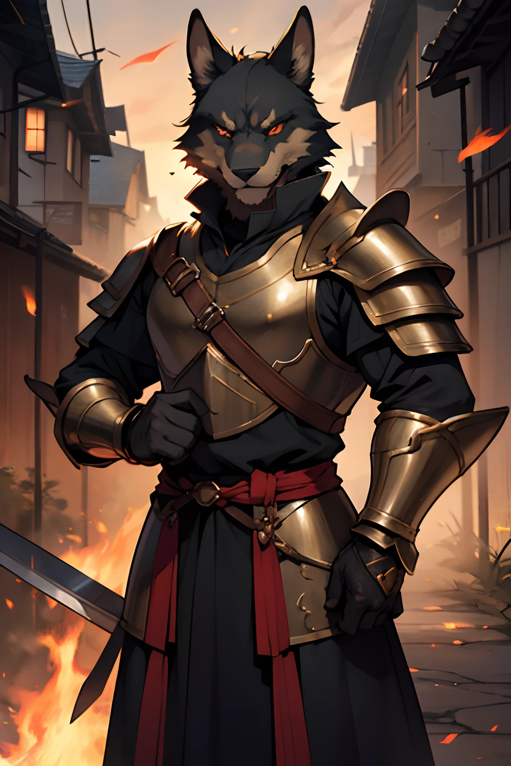 Guard Best Quality, tmasterpiece, extra high resolution, Detailed background, realisti, 独奏, ember, humanoid, heavy armor, The Face of the Beast, Furry, Guard's Outfit, Guardian's Attire, Guard, Medieval Guard, Medieval Guard Clothing , spearman, chaotic–neutral, , Horror \(subject\),Dark Fantasy, Good Guy , knave, Depth of field,