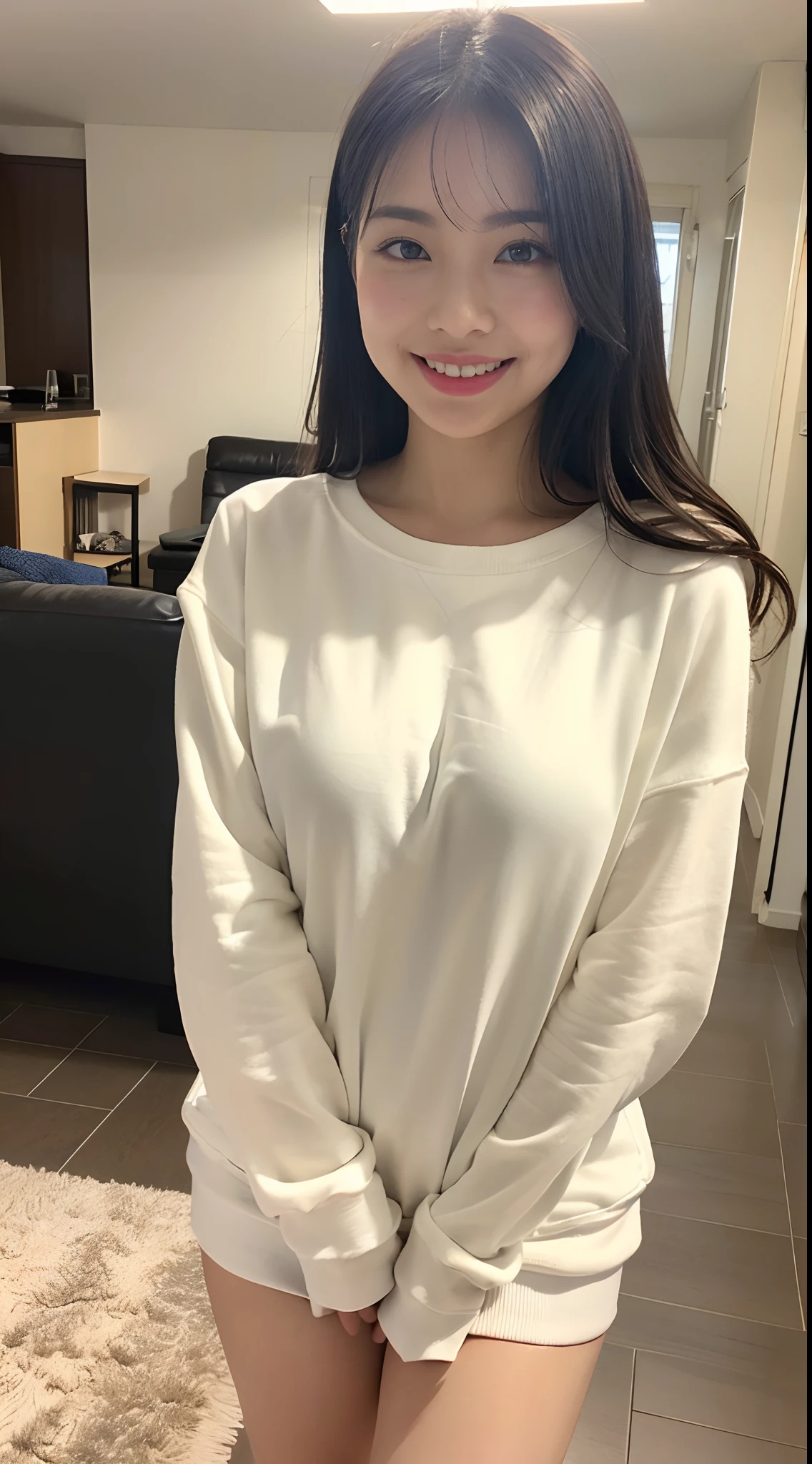 (((full bodyesbian)))、((A loose white sweatshirt))、((1a person))、Standing、sunlight、Close to the subject、(((Cute apartment room for girls)))、(((ssmile)))、(((Thighs are exposed)))、((Extraordinary Beauty))、((kawaii pose))、Photorealsitic、Beautiful detailed eyes、Hyper-Realism、highcontrast、Ultra HD、realistic skin textures、Top image quality、top-quality、超A high resolution、Fine details、Very meticulously