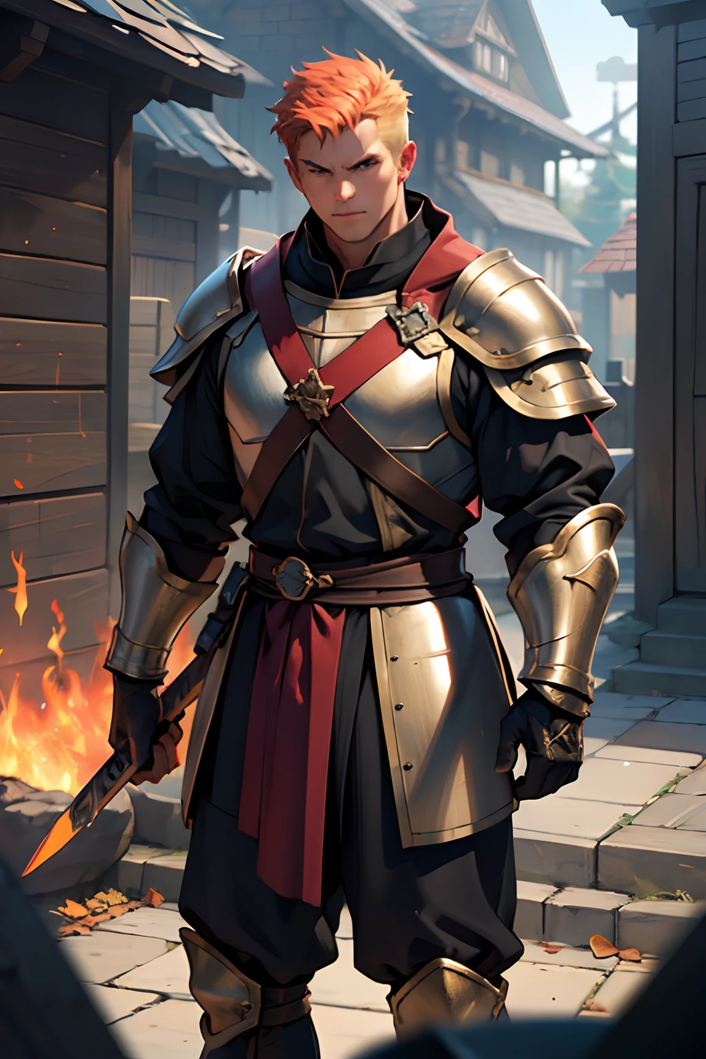 Guard Best Quality, tmasterpiece, extra high resolution, Detailed background, realisti, 独奏, ember, humanoid, heavy armor, Guard's Outfit, Guardian's Attire, Guard, Medieval Guard, Medieval Guard Clothing , spearman, chaotic–neutral, , Horror \(subject\),Dark Fantasy, Good Guy , knave, Depth of field,