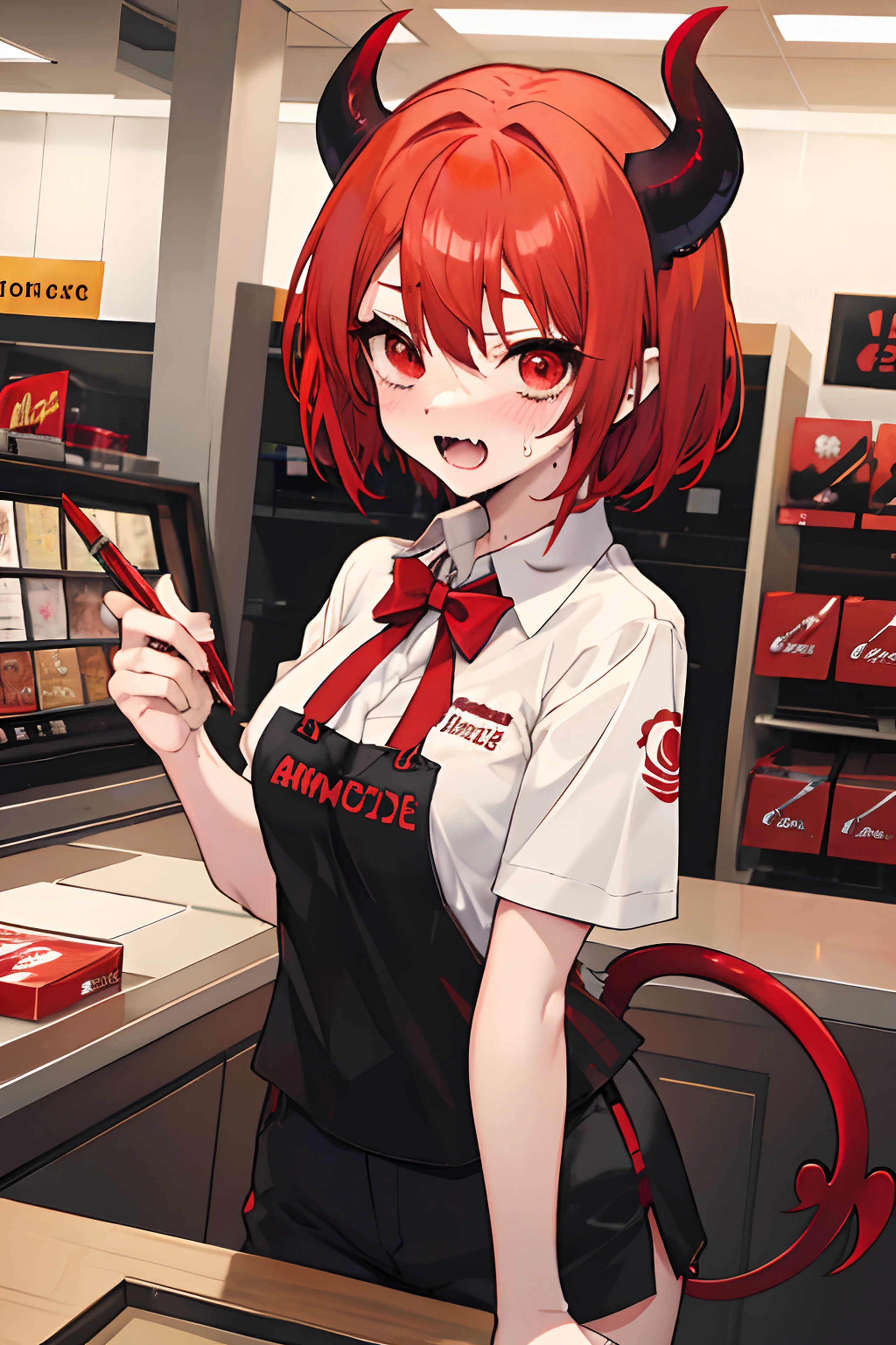 anime girl, red hair, short hair, red eyes, succubus, fangs, retail uniform, cashier, awkward, looking down, blushing, sweating, looking away, horns, demon tail