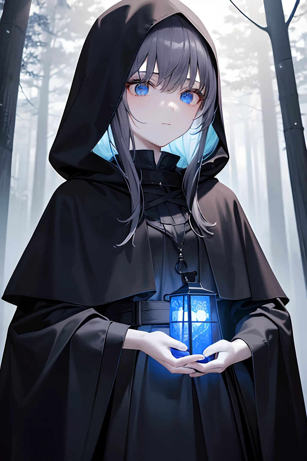 The -yeld giwas wearing a black cloak, Silent, calm, She was in the forest，In his left hand, he holds a lantern that glows blue,Mist,Ghastly,Beneath the exterior of youth there is an air of elegance and death