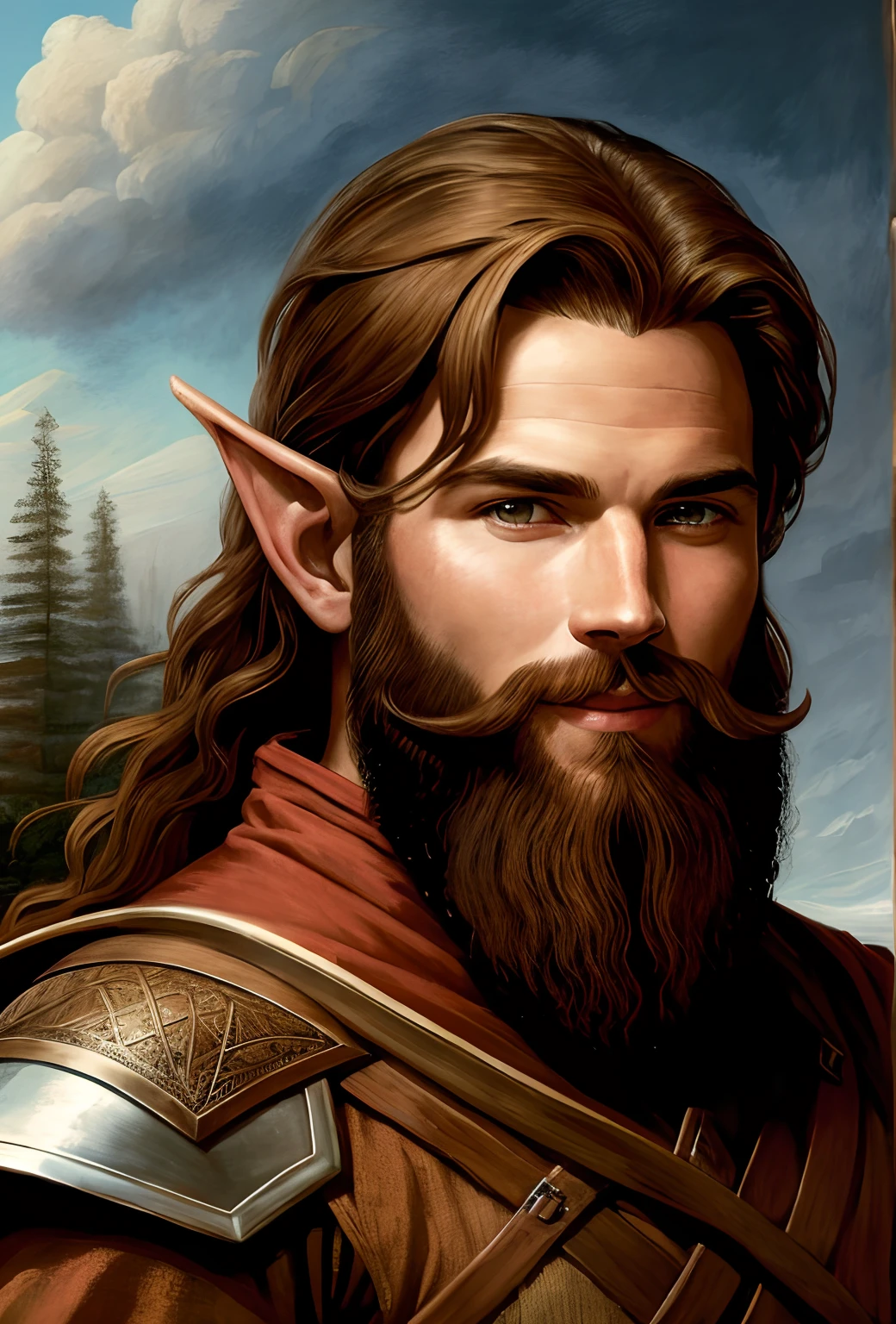 Portrait de Demi-elfe Ranger brun souriant
Dans une taverne seul avec barbe