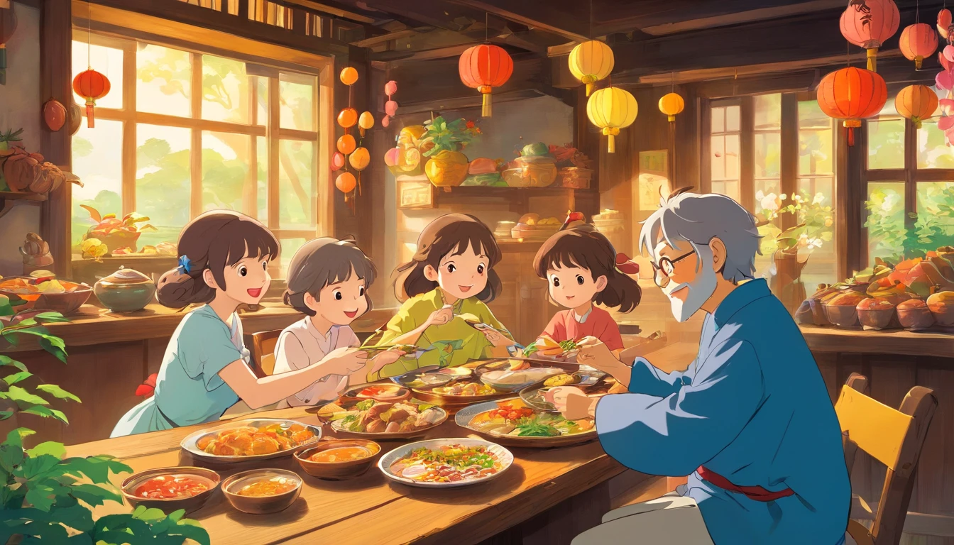 80s rural atmosphere, parents of the little boy, grandparents, and sister sitting around a round table eating breakfast, the table is filled with a sumptuous Zhuang ethnic food including eggs, colorful glutinous rice flour, zongzi, and chicken; sunlight streaming through the curtains illuminating the smiles on their faces. The little boy, dressed in Zhuang ethnic attire, is not having breakfast but playing with tools on the side.
Tags: rural atmosphere, parents, grandparents, sister, round table, breakfast, abundant food, Zhuang ethnic, eggs, colorful glutinous rice flour, zongzi, chicken, sunlight, curtains, smiles, little boy, tools.
Image Quality: (best quality, 4k, 8k, highres, masterpiece:1.2), ultra-detailed, (realistic, photorealistic, photo-realistic:1.37), HDR, UHD, studio lighting, ultra-fine painting, sharp focus, physically-based rendering, extreme detail description, professional, vivid colors, bokeh.
Art Style: 80s, rural, family, documenting, lifestyle, cultural, portrait, realistic.
Color Palette: warm tones, vibrant colors.
Lighting: soft, natural light, illuminating the scene.