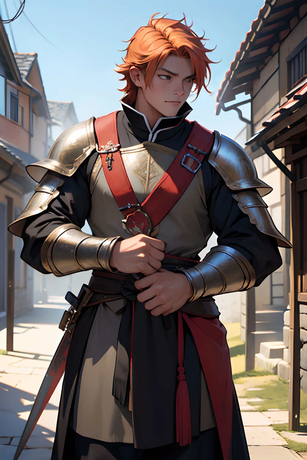 Guard Best Quality, tmasterpiece, extra high resolution, Detailed background, realisti, 独奏, ember, humanoid, heavy armor, Guard's Outfit, Guardian's Attire, Guard, Medieval Guard, Medieval Guard Clothing , spearman, chaotic–neutral, , Horror \(subject\),Dark Fantasy, Good Guy , knave, Depth of field,
