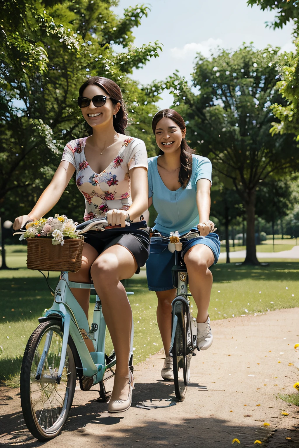 image of two confident and cheerful women riding bicycles in a park on a sunny day. The background has trees with flowers. the image must convey serenity and care.