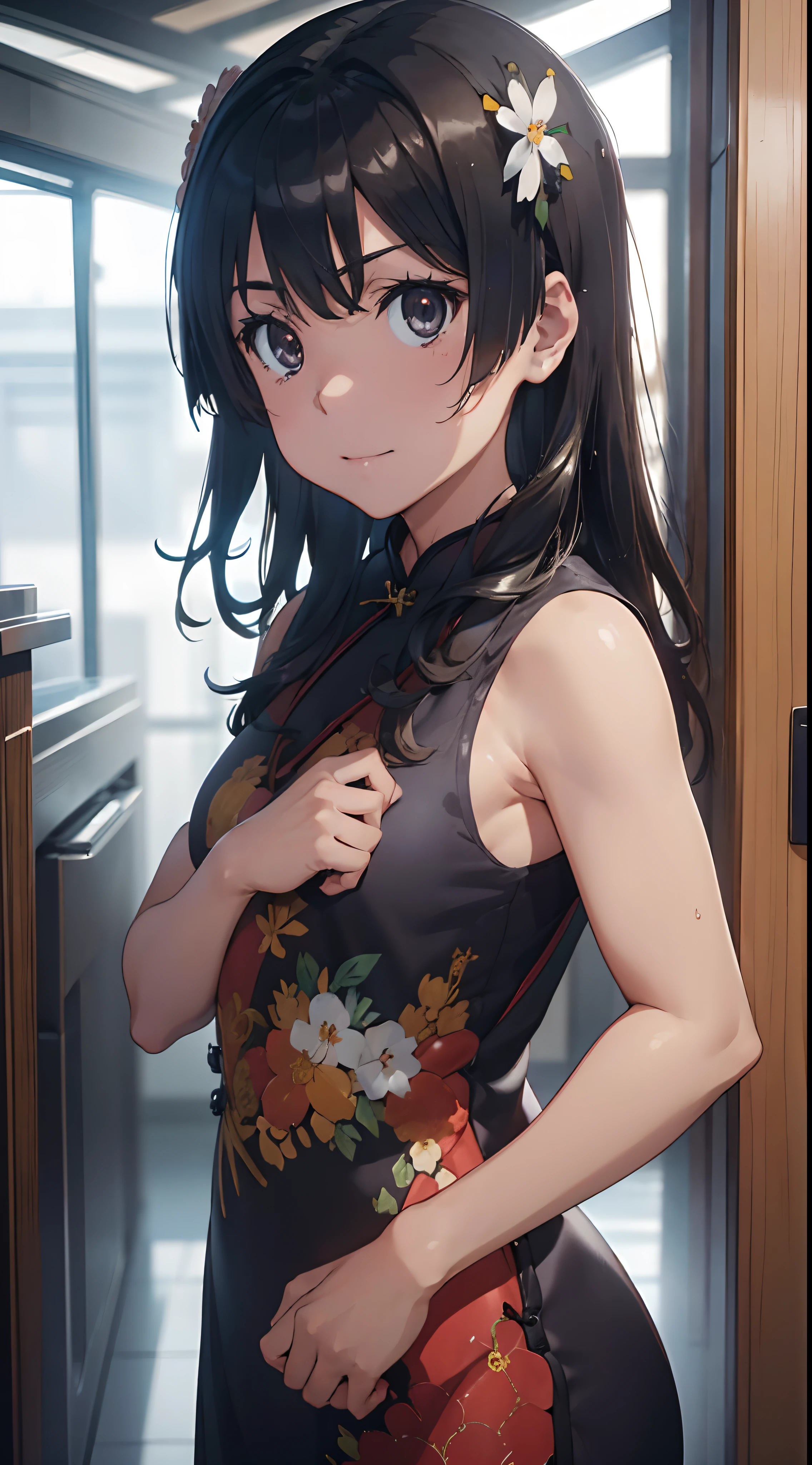 (((1man,POV hand:1.5))),((Touching a woman's crotch:1.4)),(Perfect Anatomy:1.2,top-quality、The ultra -The high-definition、hight resolution、extremely details CG、8K Unit Wallpapers),cowboy shot,portrait,1woman,solo,20 year old beauty,Japanese,((Beautiful detailed eyes)),brown eyes,shy、tears,brown hair,long hair,bangs,(sweat),lift up skirt,standing,((red cheongsam、sleeveless、black pleated mini skirt、love juice、white panties)),、kung fu dojo、natural sunlight、