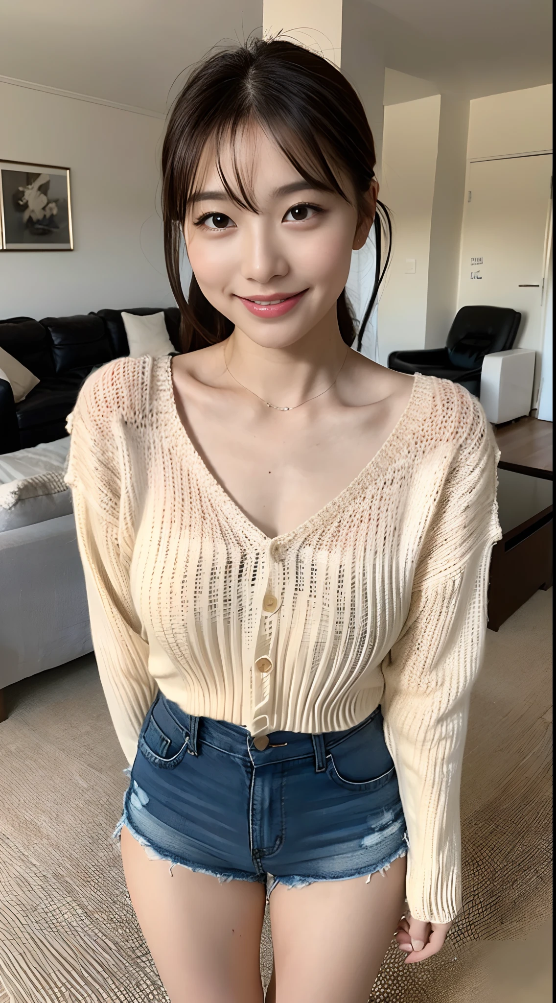 (((full bodyesbian)))、((ExposedTShirt))、((1a person))、sunlight、Close to the subject、(((Cute apartment room for girls)))、(((ssmile)))、(((Super short knitted hot pants)))、((Extraordinary Beauty))、((kawaii pose))、Photorealsitic、Beautiful detailed eyes、Hyper-Realism、highcontrast、Ultra HD、realistic skin textures、Top image quality、top-quality、超A high resolution、Fine details、Very meticulously