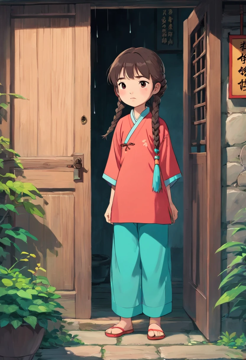 A  Chinese girl，The two braids are cute，There is a blush on the face，tealpoll shirt，Teal trousers，The clothes are the clothes of the Zhuang people，Standing in the doorway，It was sad to watch the heavy rain outside the door，The girl lives in a village house，The house is an old wooden house，Surrounded by mountains and waters，It was raining heavily outside，The littlewas a little sad，The house is a wooden house of the Chinese Zhuang people，It's a bit old，Highlight character details，Wear cloth shoes，The top is blue-green，The pants are also teal