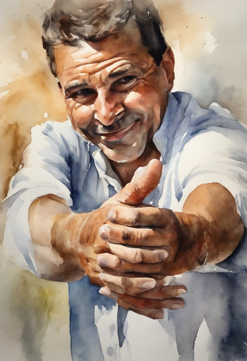 A Man Reaching Out His Hands Together Offering Help, bem vestido, Showing Affection, amizade, Extending your hands forward, hands facing up, looking-into-camera, palms facing up, Man very close to the camera, Do not show body below the waist.