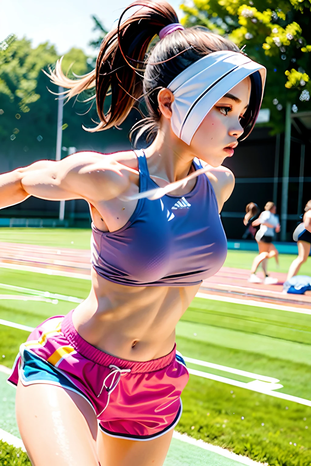 1 girl, solo, running, Gray Track Top, pink shorts, ponytail, athletic build, dynamic brushstrokes, fluid movement, capturing the essence of her athleticism and energy, using light colors and soft tones to create a dreamy and ethereal atmosphere, portraying the motion and grace of running, showing the wind blowing her ponytail and clothes, and the scenery of her surroundings.

outdoors, detailed background, Modern metropolis,