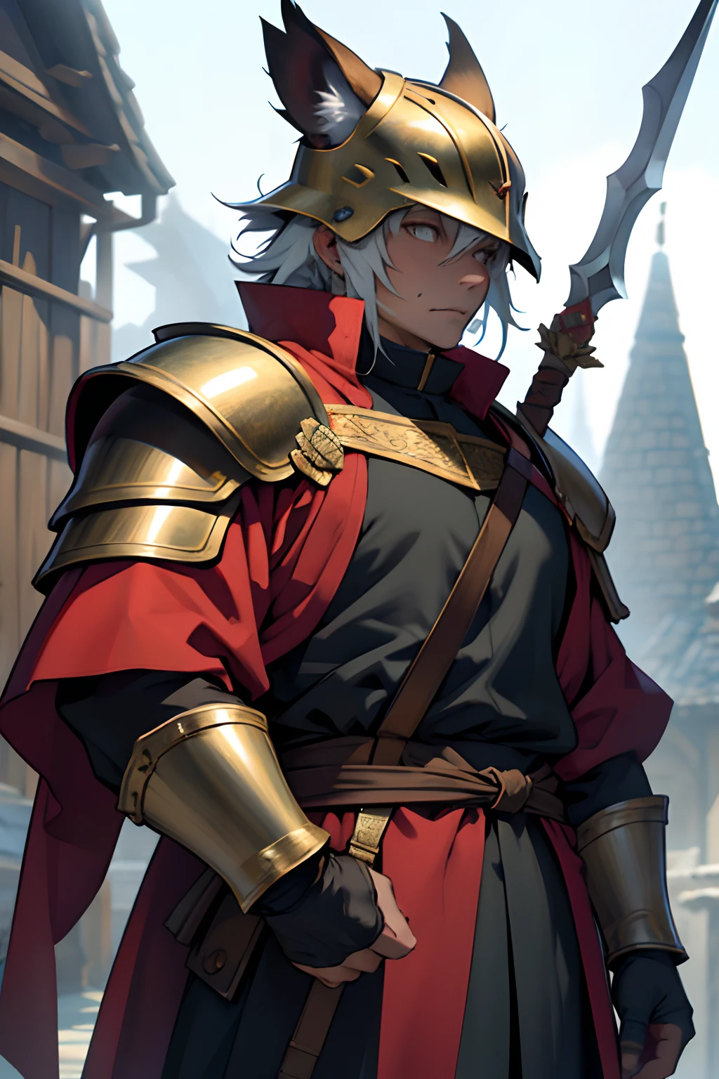 Guard Best Quality, tmasterpiece, extra high resolution, Detailed background, realisti, 独奏, ember, humanoid, heavy armor,, In the hand of a spear, Cool Helmet, The Face of the Beast, Furry, Guard's Outfit, Guardian's Attire, Guard, Medieval Guard, Medieval Guard Clothing , spearman, chaotic–neutral, , Horror \(subject\),Dark Fantasy, Good Guy , knave, Depth of field,