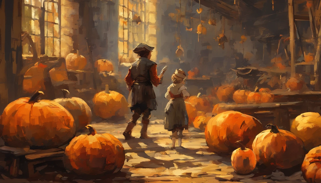 オイル, pinceladas, Goteos de pintura, A scene with many pumpkins of different sizes with happy children playing around while the peasants sow, Sentado en una cocina vintage, Barroco, Dramatic contrasts between light and dark, Intensidad emocional, Tenebrismo, Bordes suaves, oil on canvas, Romanticismo, Barroco, Realismo, claroscuro, Edad de Oro holandesa, Masa, por Rembrandt van Rijn, por Rembrandt, rico, Colores profundos, Ebenenbild, which is shaded by cells, golden section, Premios ganadores, Profesional, Altamente detallado, complicado, volumetric illumination, splendid, Obra maestra, foco nítido, Profundidad de campo, Perfectcomposition, Laureado, Artstation, Acrylic, Tendencias Pixiv Fanbox, palette knife and brush strokes, 16K High Resolution, UHD