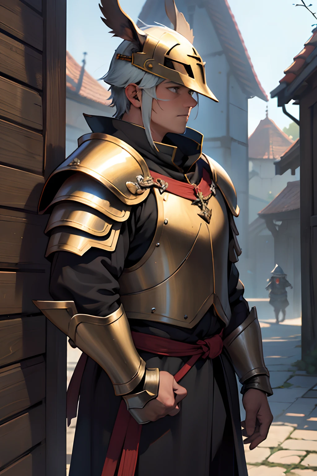Guard Best Quality, tmasterpiece, extra high resolution, Detailed background, realisti, 独奏, ember, humanoid, heavy armor, Heavy helmet hides face , Guard's Outfit, Guardian's Attire, Guard, Medieval Guard, Medieval Guard Clothing , spearman, chaotic–neutral, , Horror \(subject\),Dark Fantasy, Good Guy , knave, Depth of field,